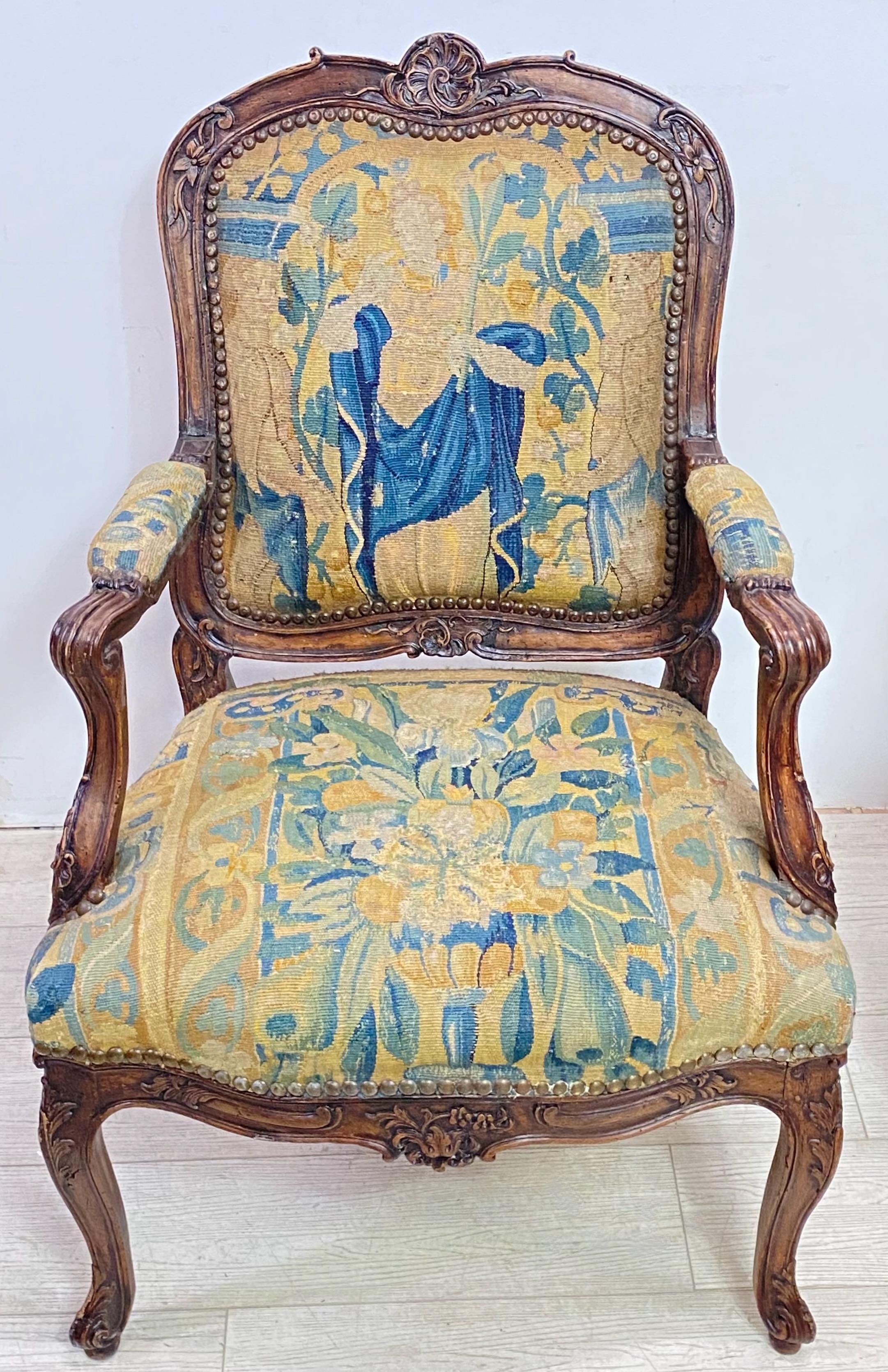 Hand-Carved Pair of 18th Century Italian Walnut Armchairs, Circa 1750 For Sale