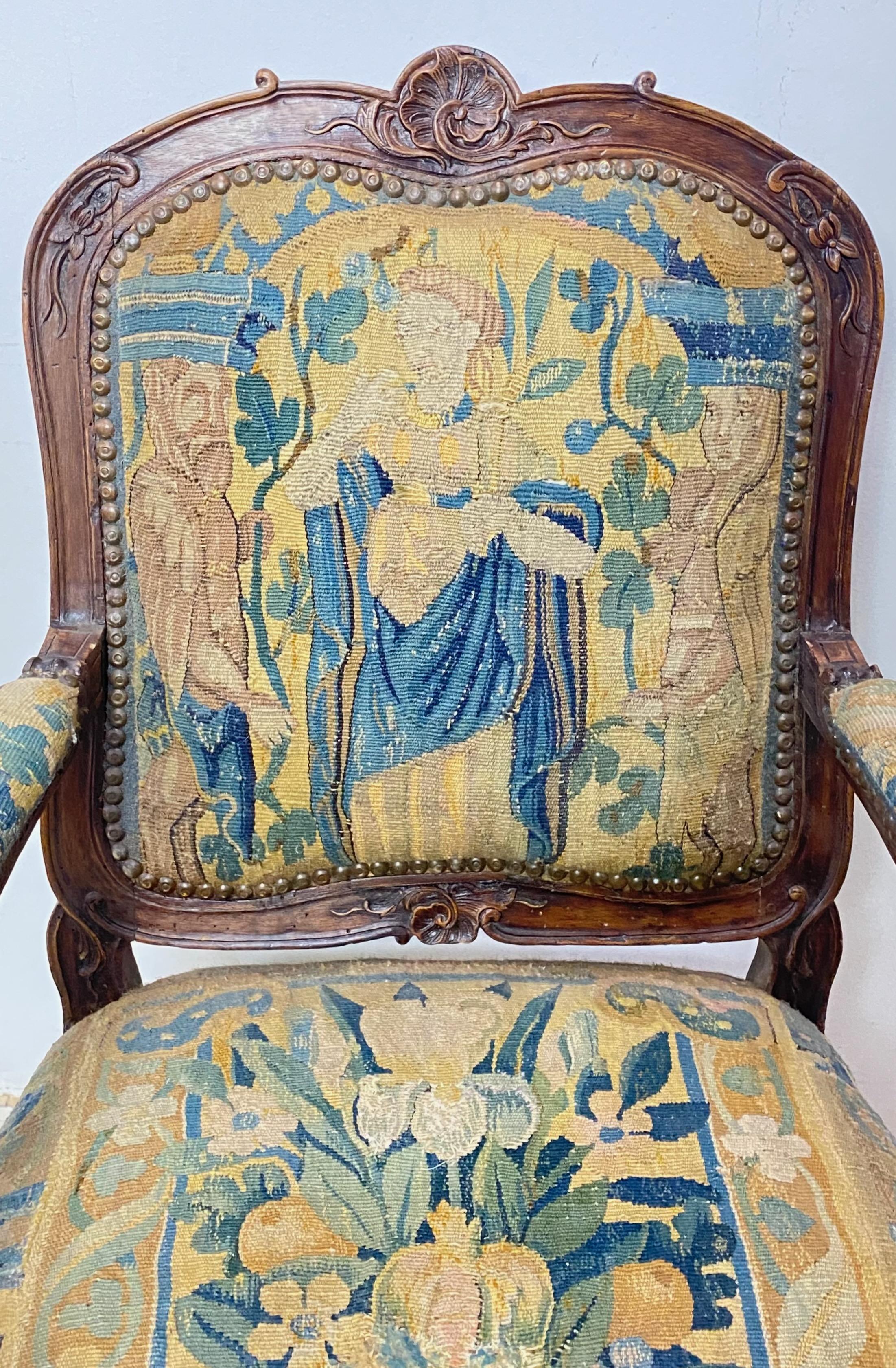 Tapestry Pair of 18th Century Italian Walnut Armchairs, Circa 1750 For Sale