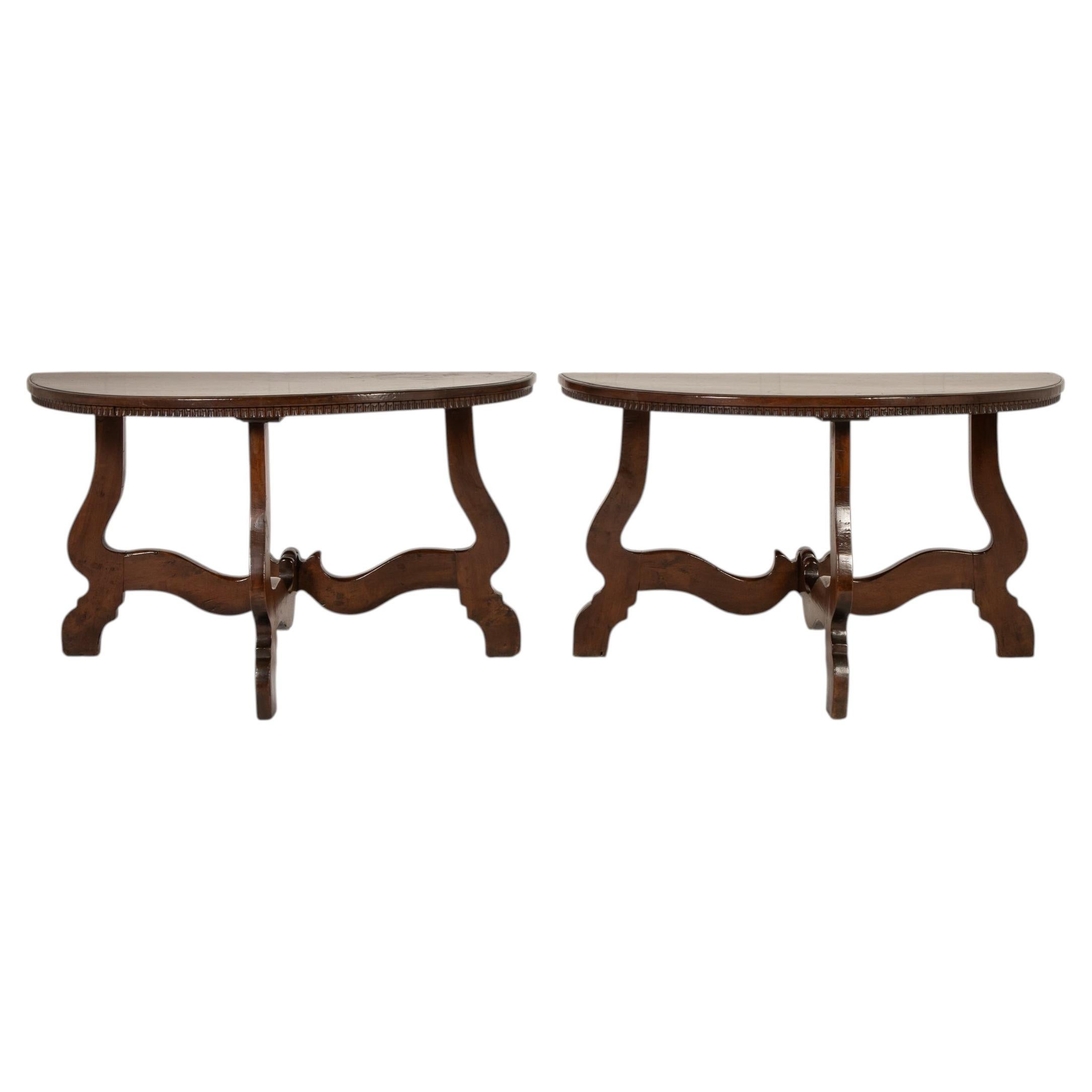 Pair of 18th Century Italian Walnut Demi Lune Console Tables