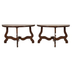 Pair of 18th Century Italian Walnut Demi Lune Console Tables