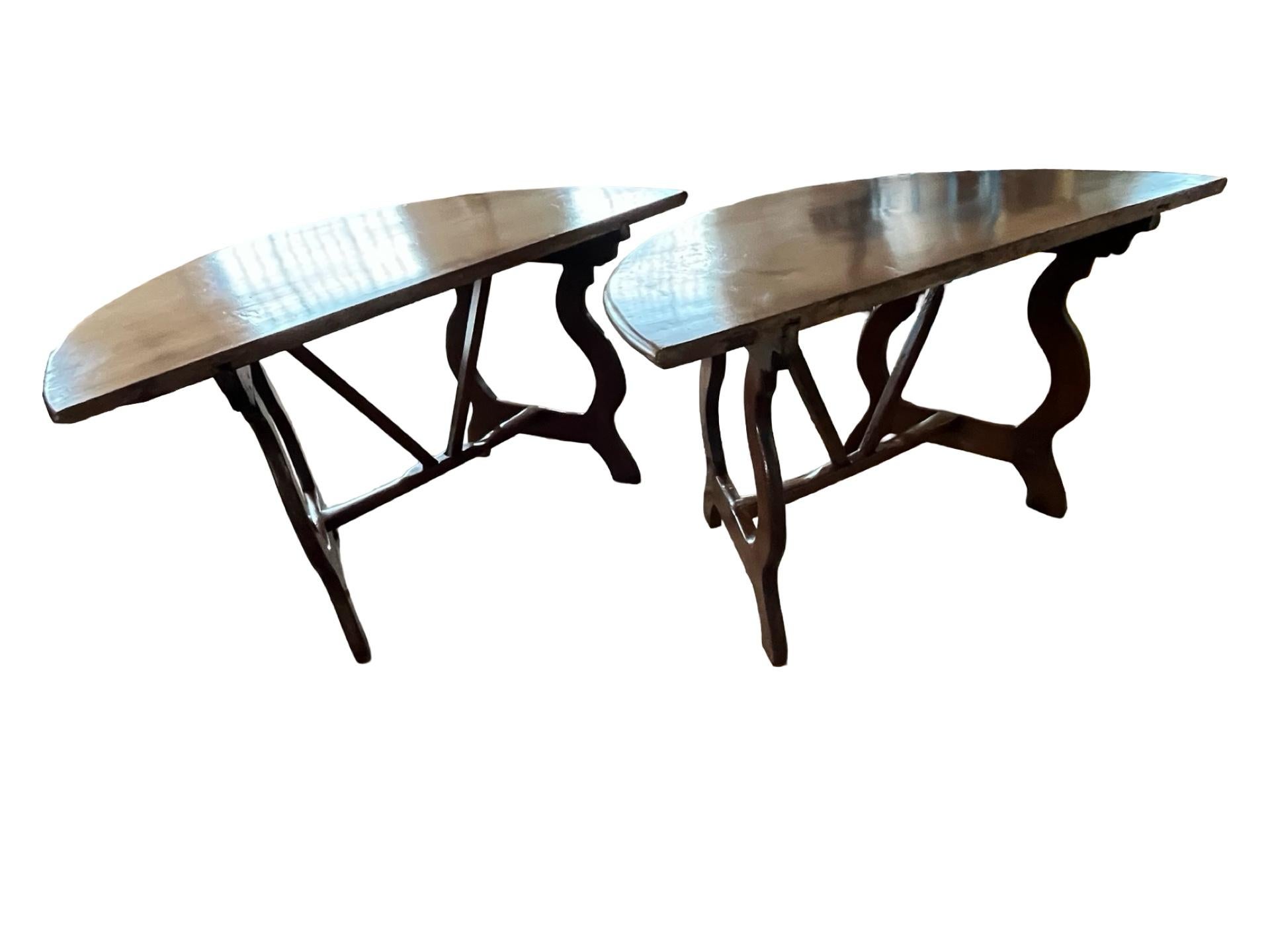Pair of 18th Century Italian Walnut Demi Lune Consoles With Lyre Legs For Sale 5