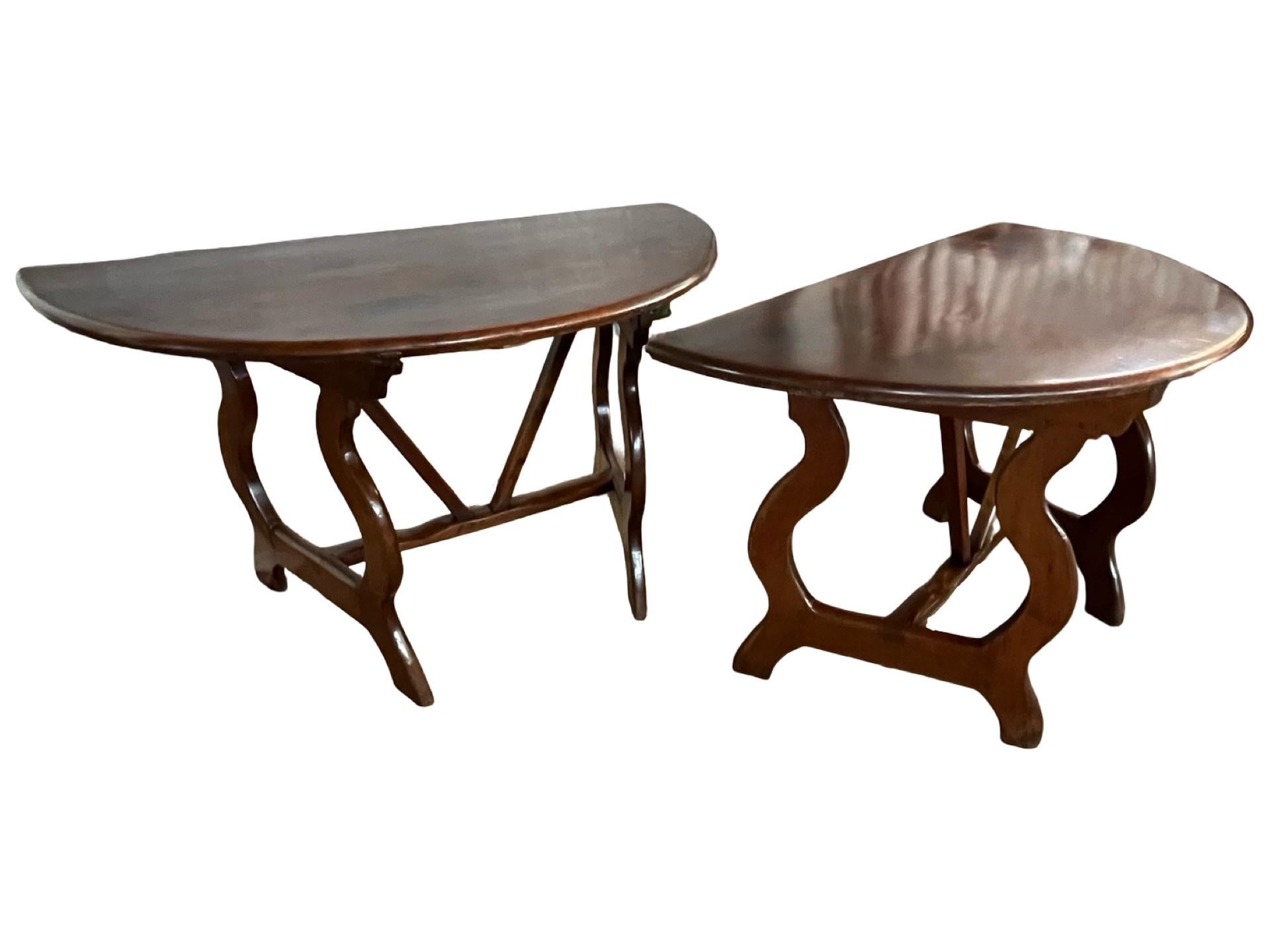 Pair of 18th Century Italian Walnut Demi Lune Consoles With Lyre Legs For Sale 6