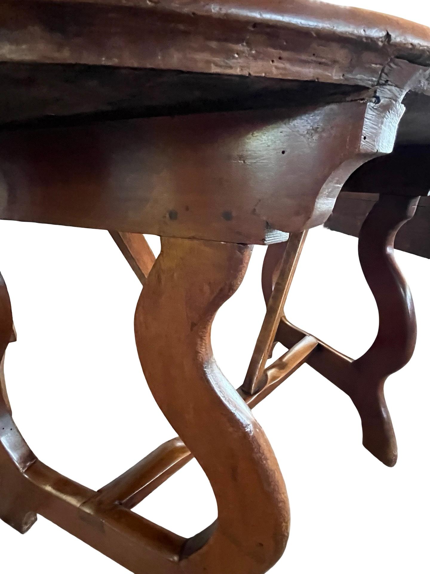 Pair of 18th Century Italian Walnut Demi Lune Consoles With Lyre Legs For Sale 6