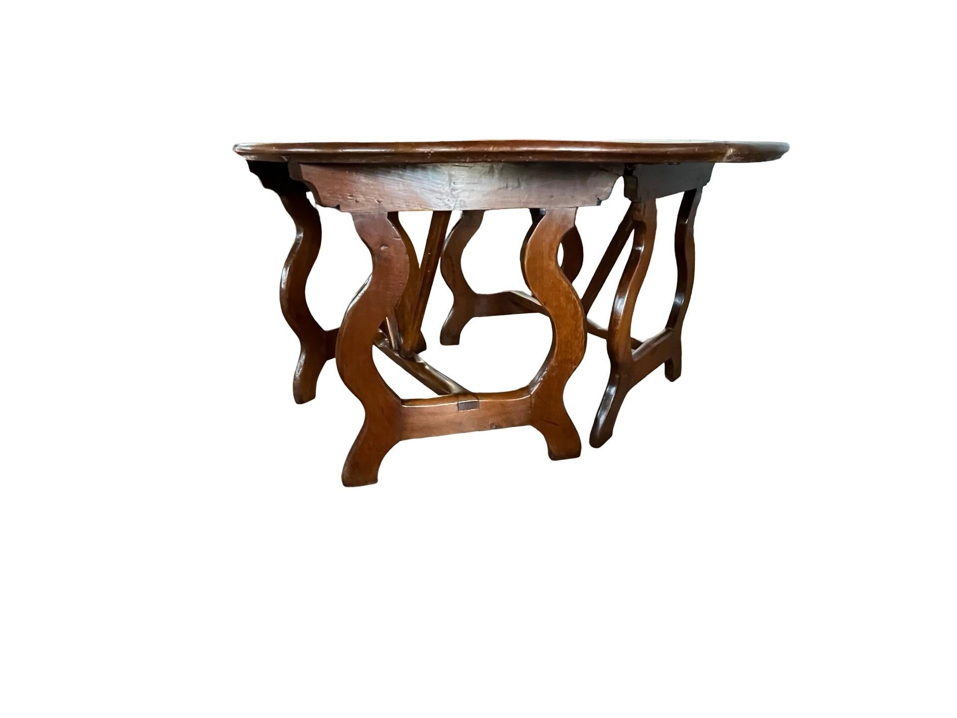 Pair of 18th Century Italian Walnut Demi Lune Consoles With Lyre Legs For Sale 12