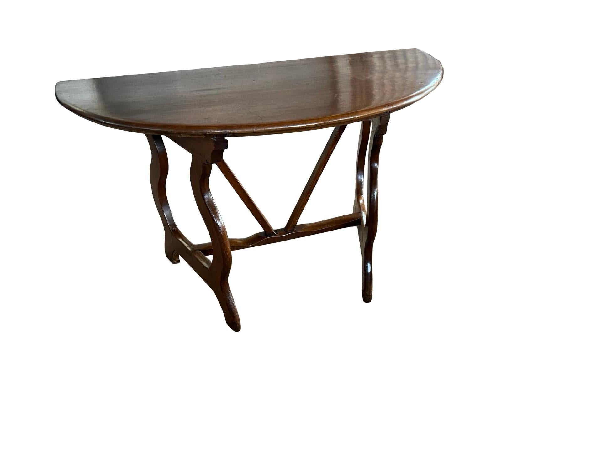 Pair of 18th Century Italian Walnut Demi Lune Consoles With Lyre Legs For Sale 13