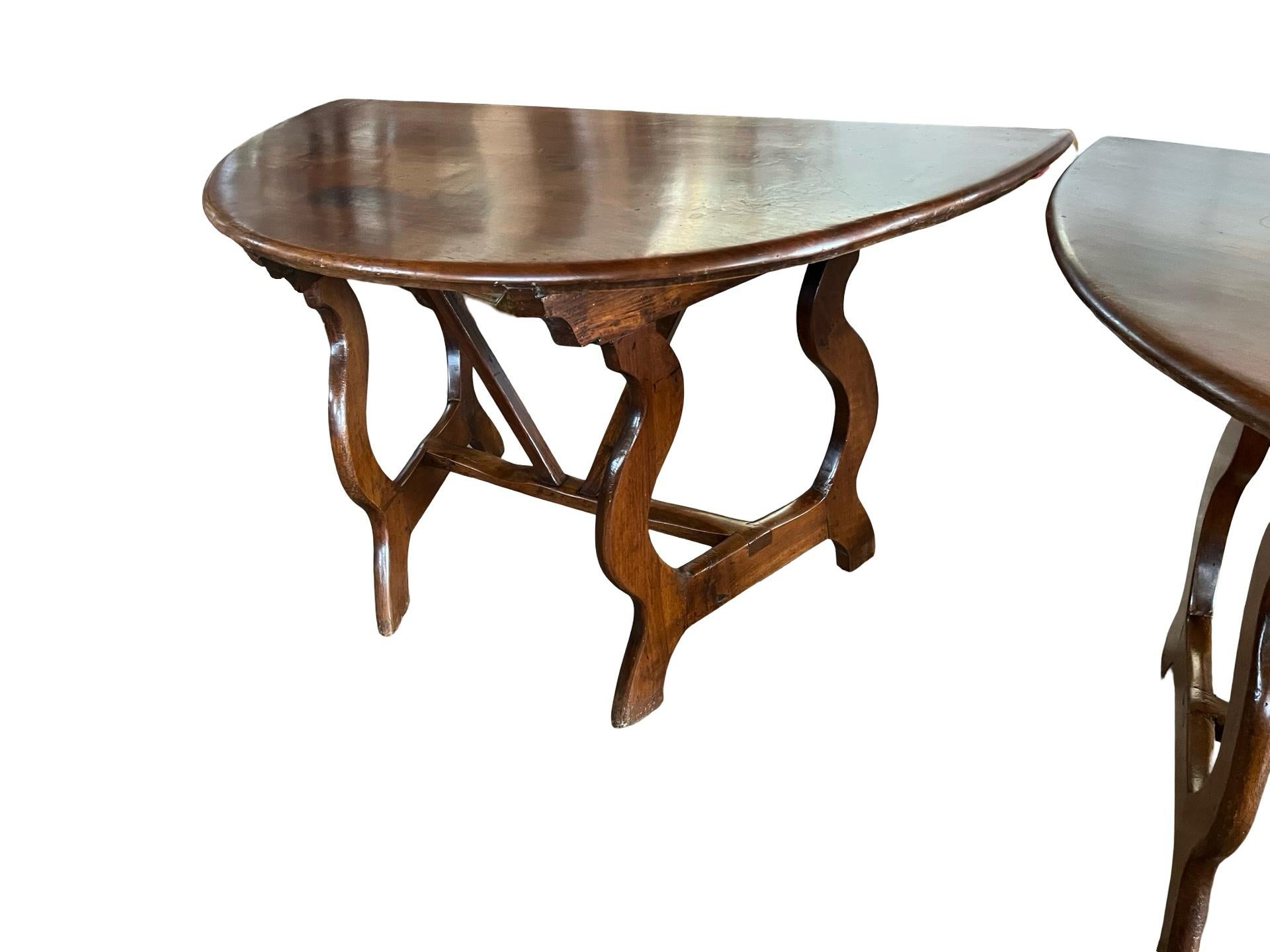 Pair of 18th Century Italian Walnut Demi Lune Consoles With Lyre Legs For Sale 14