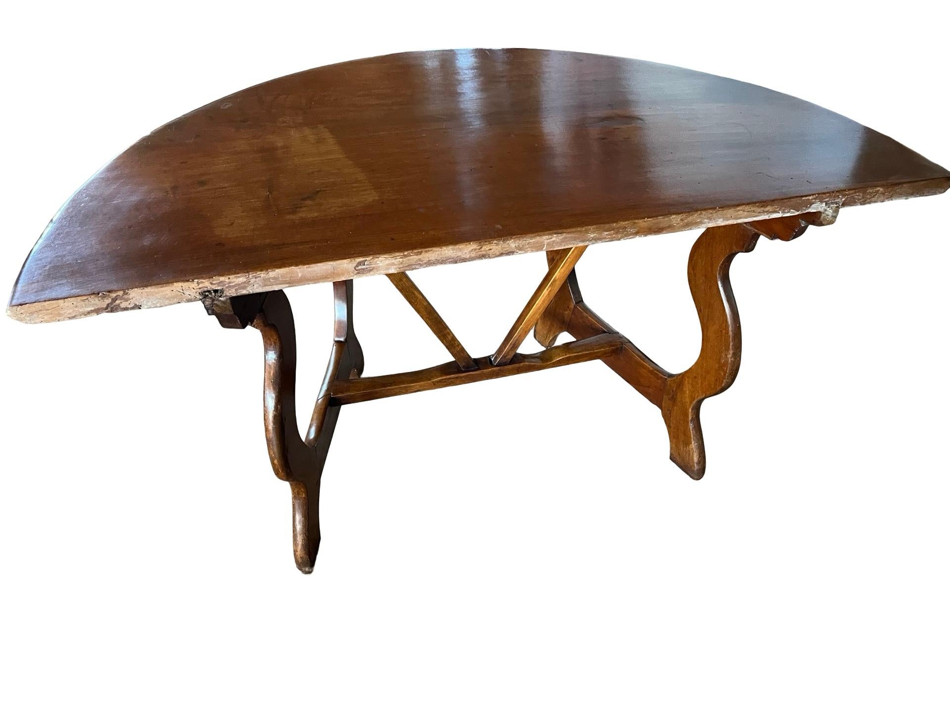 Hand-Carved Pair of 18th Century Italian Walnut Demi Lune Consoles With Lyre Legs For Sale