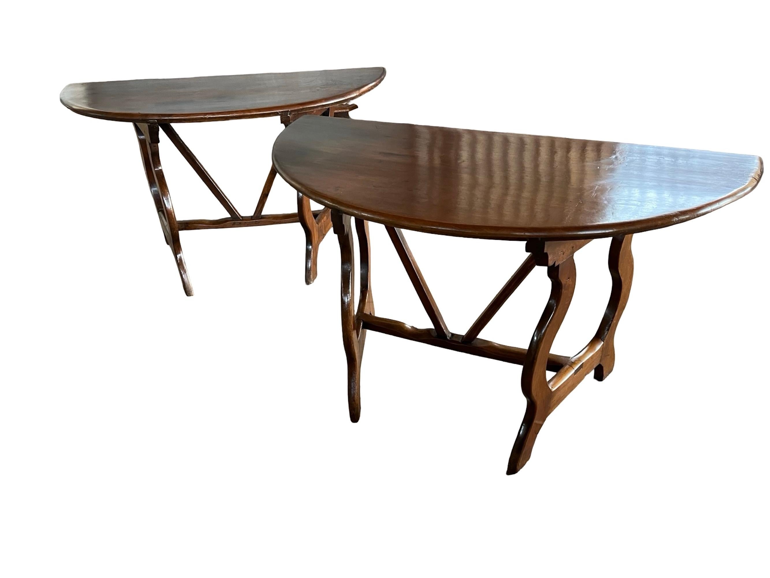 Pair of 18th Century Italian Walnut Demi Lune Consoles With Lyre Legs For Sale 1