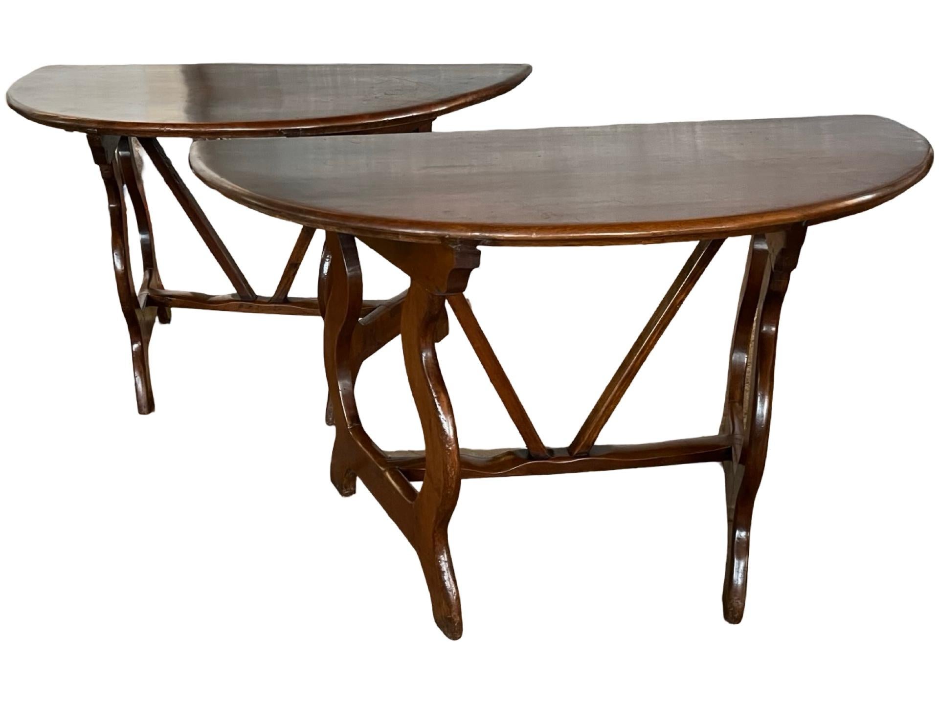 Pair of 18th Century Italian Walnut Demi Lune Consoles With Lyre Legs For Sale 2