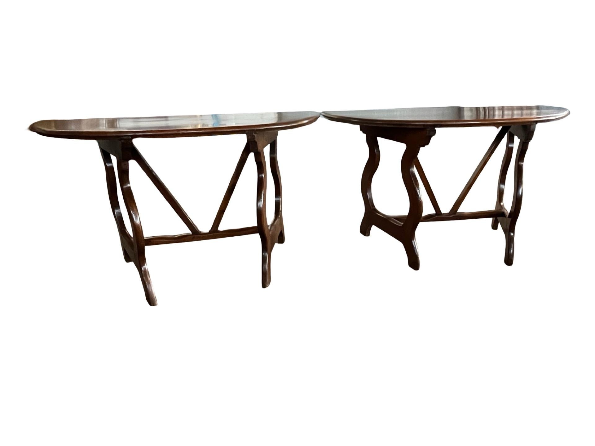 Pair of 18th Century Italian Walnut Demi Lune Consoles With Lyre Legs For Sale 2