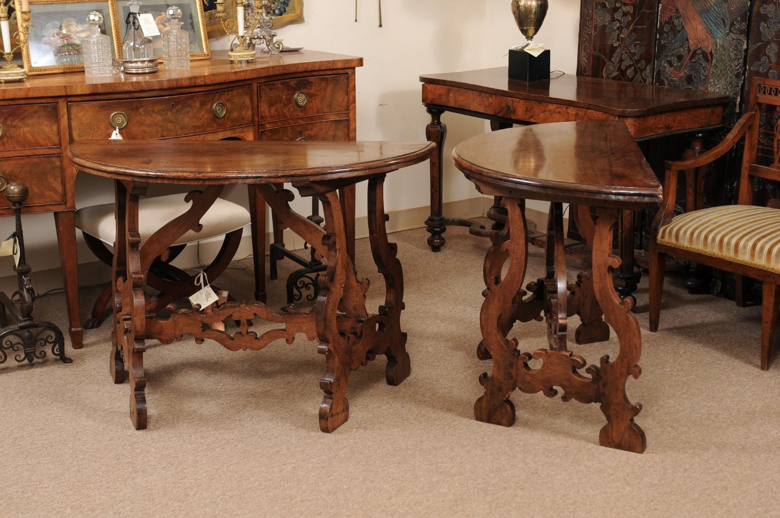 Pair of 18th Century Italian Walnut Demilune Consoles with Lyre Shaped Legs 6