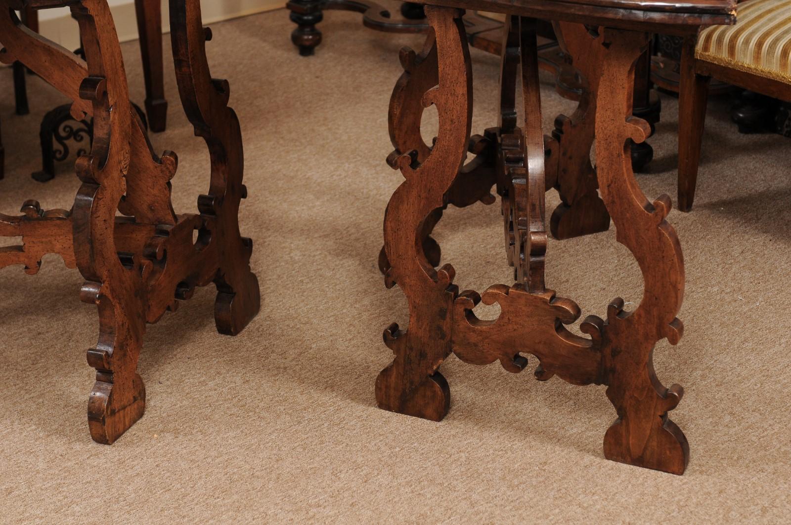Pair of 18th Century Italian Walnut Demilune Consoles with Lyre Shaped Legs 7