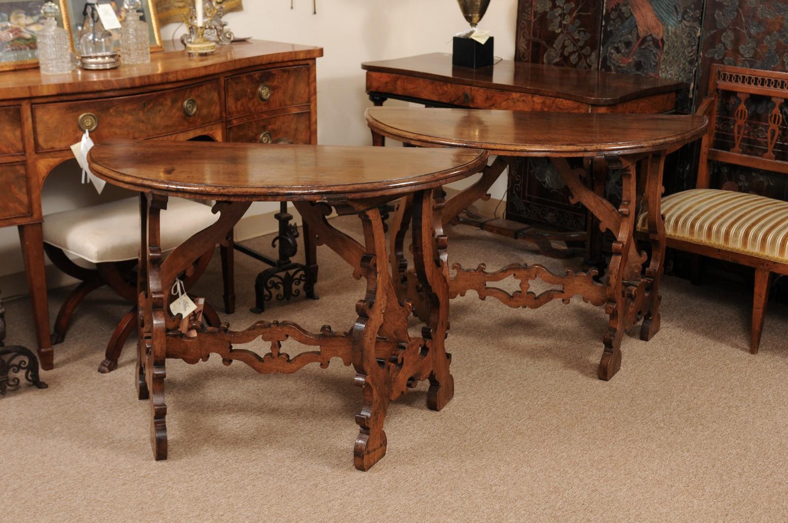 Pair of 18th Century Italian Walnut Demilune Consoles with Lyre Shaped Legs 10