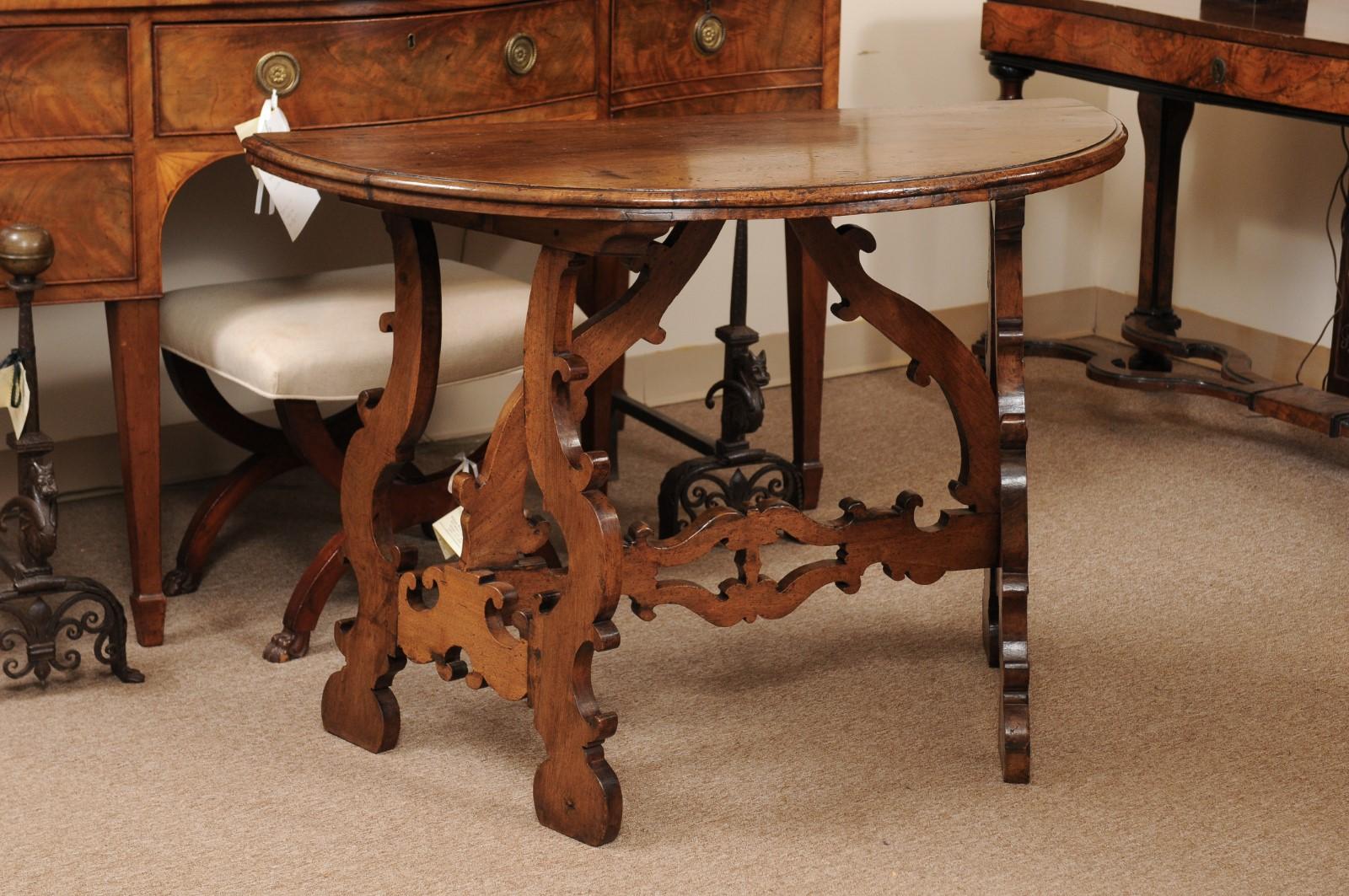 18th Century and Earlier Pair of 18th Century Italian Walnut Demilune Consoles with Lyre Shaped Legs