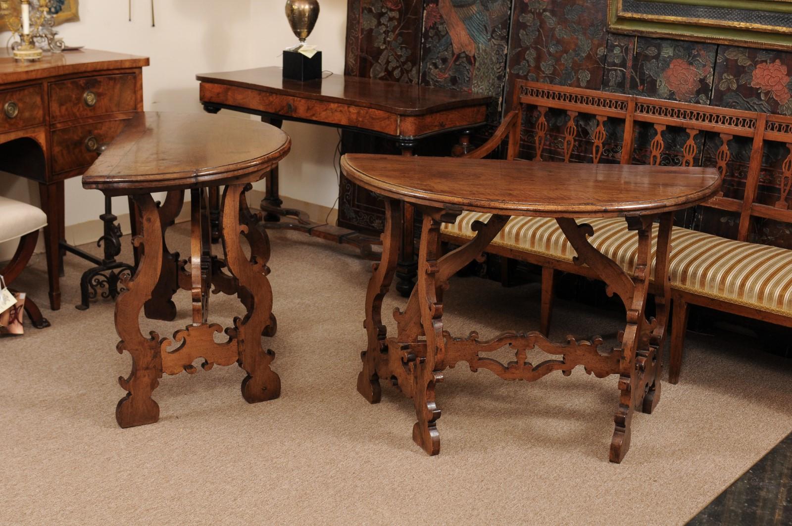 Pair of 18th Century Italian Walnut Demilune Consoles with Lyre Shaped Legs 1