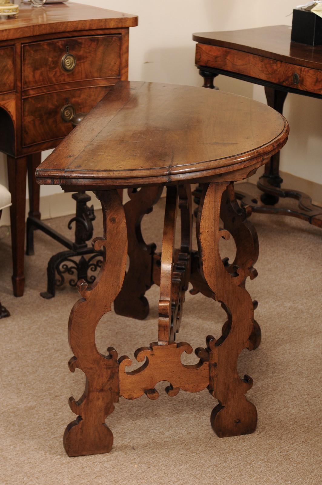 Pair of 18th Century Italian Walnut Demilune Consoles with Lyre Shaped Legs 2