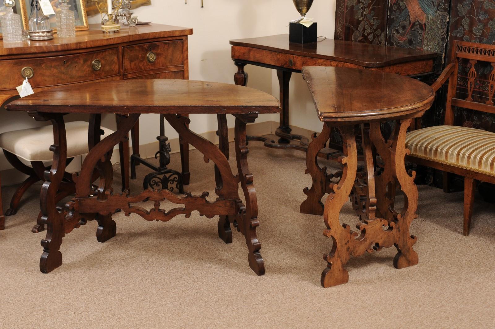 Pair of 18th Century Italian Walnut Demilune Consoles with Lyre Shaped Legs 4