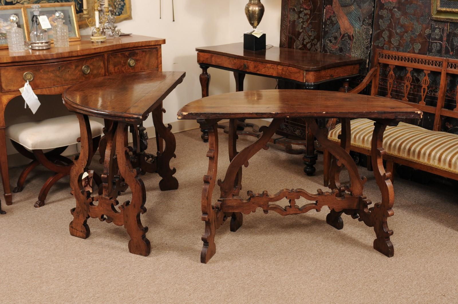 Pair of 18th Century Italian Walnut Demilune Consoles with Lyre Shaped Legs 5
