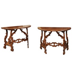 Pair of 18th Century Italian Walnut Demilune Consoles with Lyre Shaped Legs