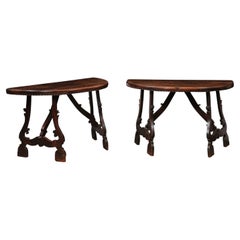 Pair of 18th Century Italian Walnut Demilunes with Lyre Legs & Carved Edge