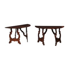 Pair of 18th Century Italian Walnut Demilunes with Lyre Shaped Legs