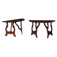 Pair of 18th Century Italian Walnut Demilunes with Lyre Shaped Legs