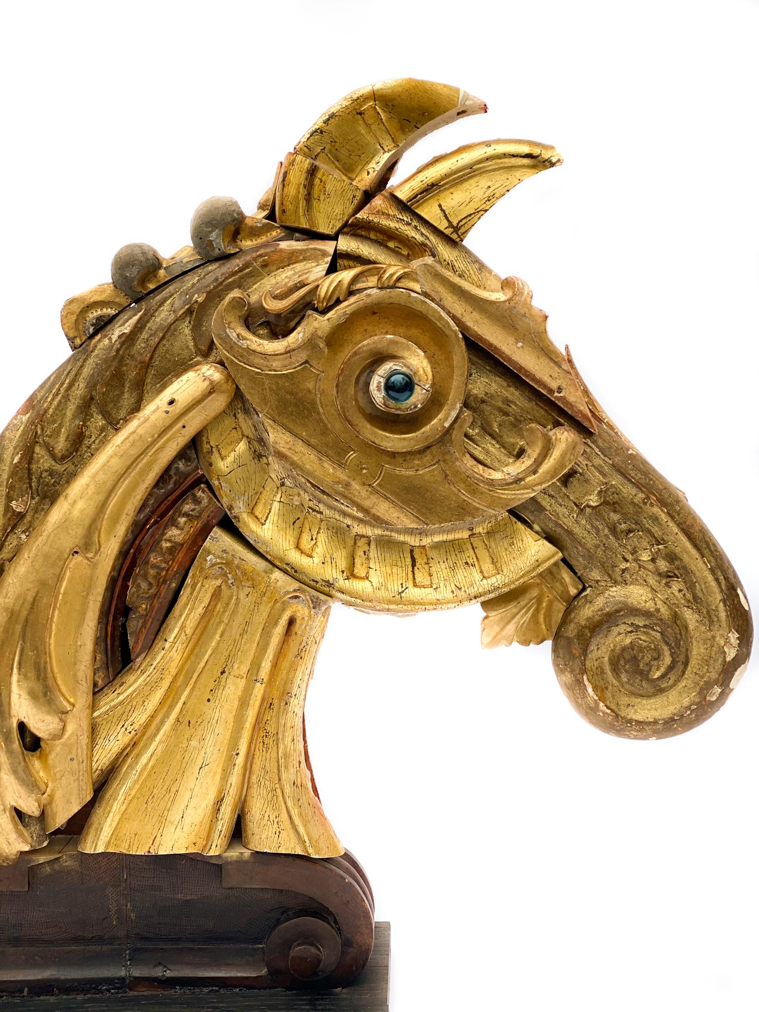 Gold Leaf Pair of 18th Century Italian Water-Gilt Fragment Horse Head Sculptures For Sale