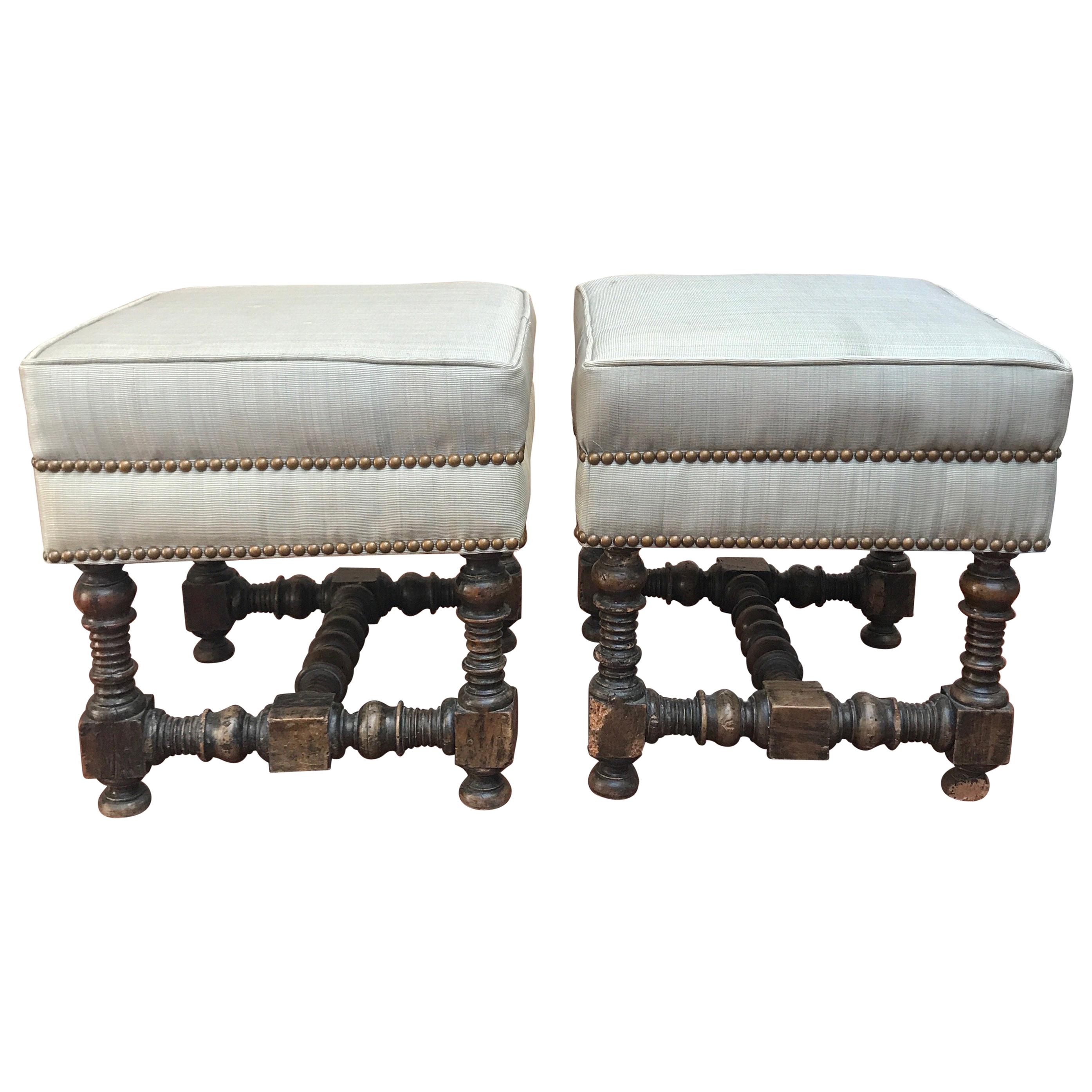 Pair of 18th Century Jacobean Walnut Stools For Sale