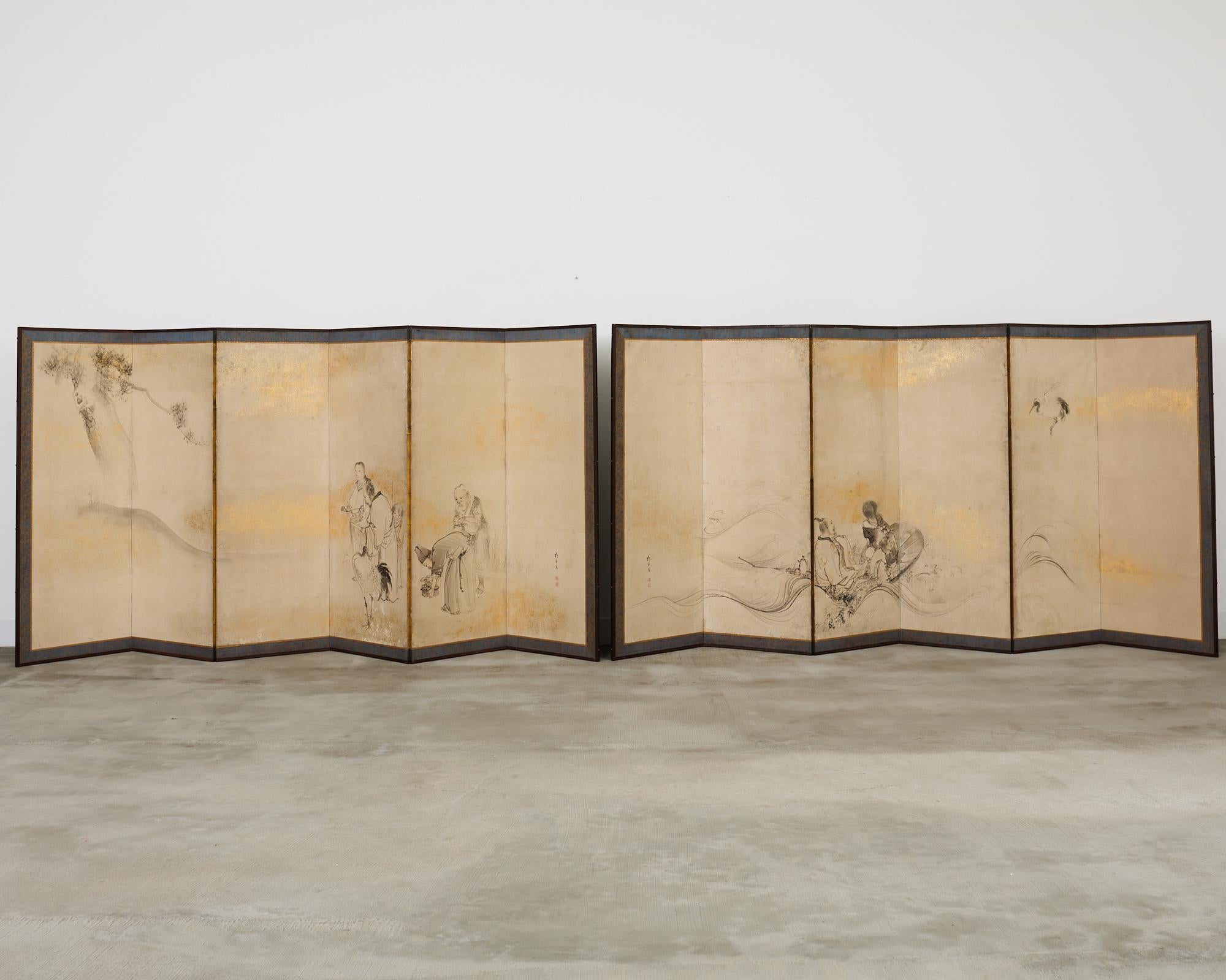 Hand-Crafted Pair of 18th Century Japanese Edo Screens of Chinese Immortals For Sale