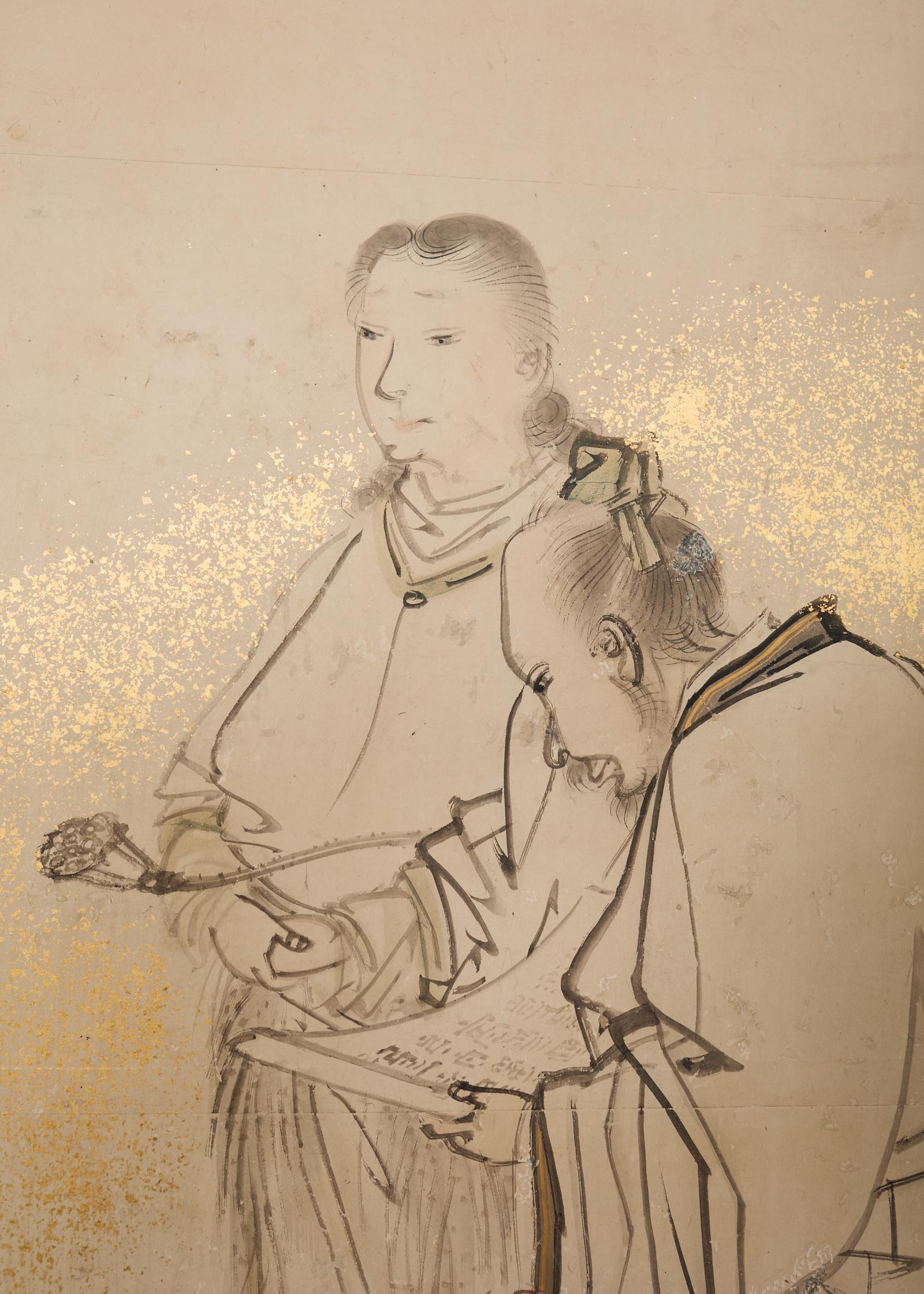 Silk Pair of 18th Century Japanese Edo Screens of Chinese Immortals For Sale