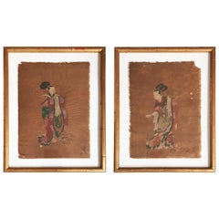 Antique Pair of 18th Century Japanese Watercolor on Rice Paper