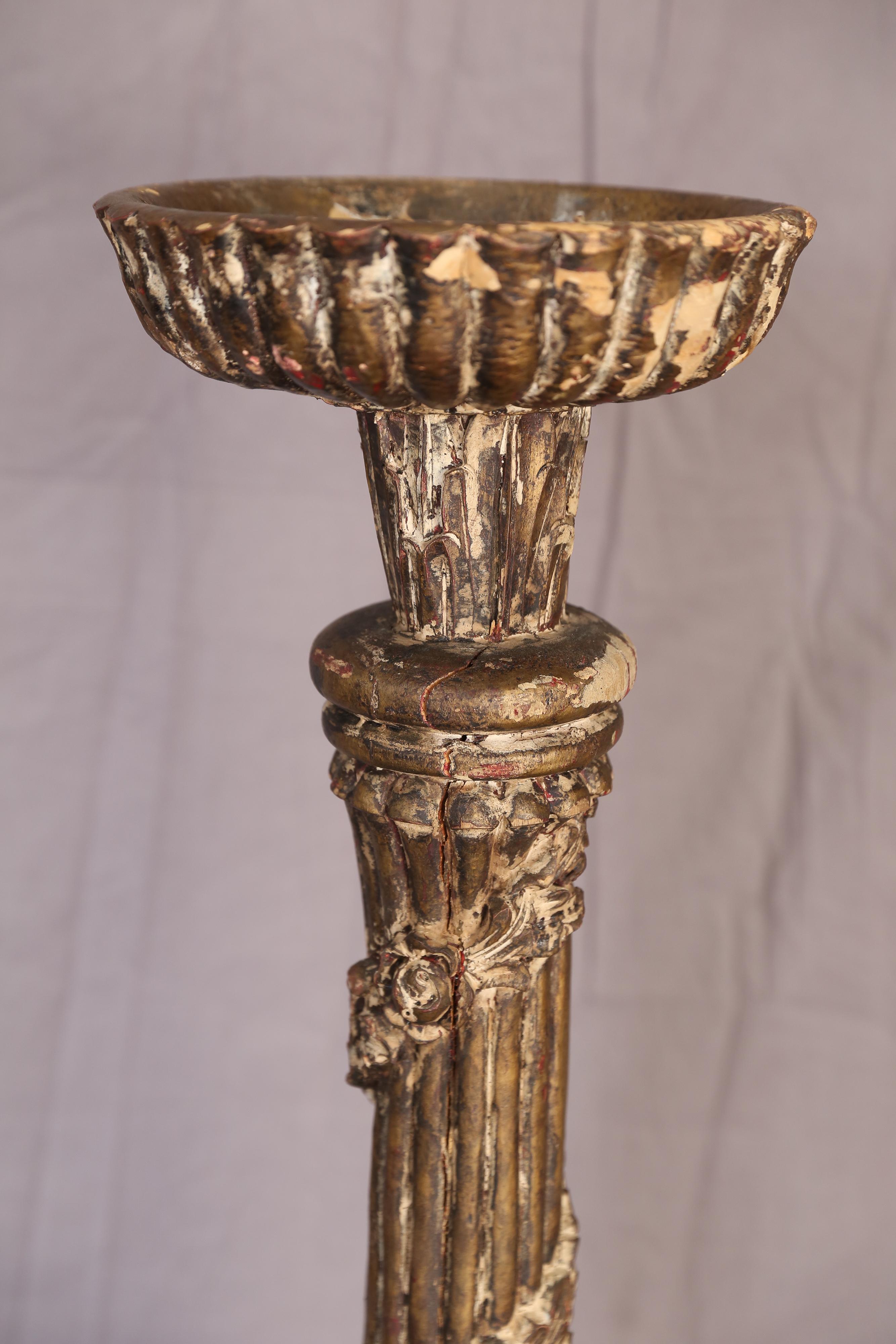 Pair of 18th Century Large Carved Candlesticks In Fair Condition For Sale In Houston, TX