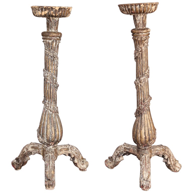 Pair of 18th Century Large Carved Candlesticks For Sale