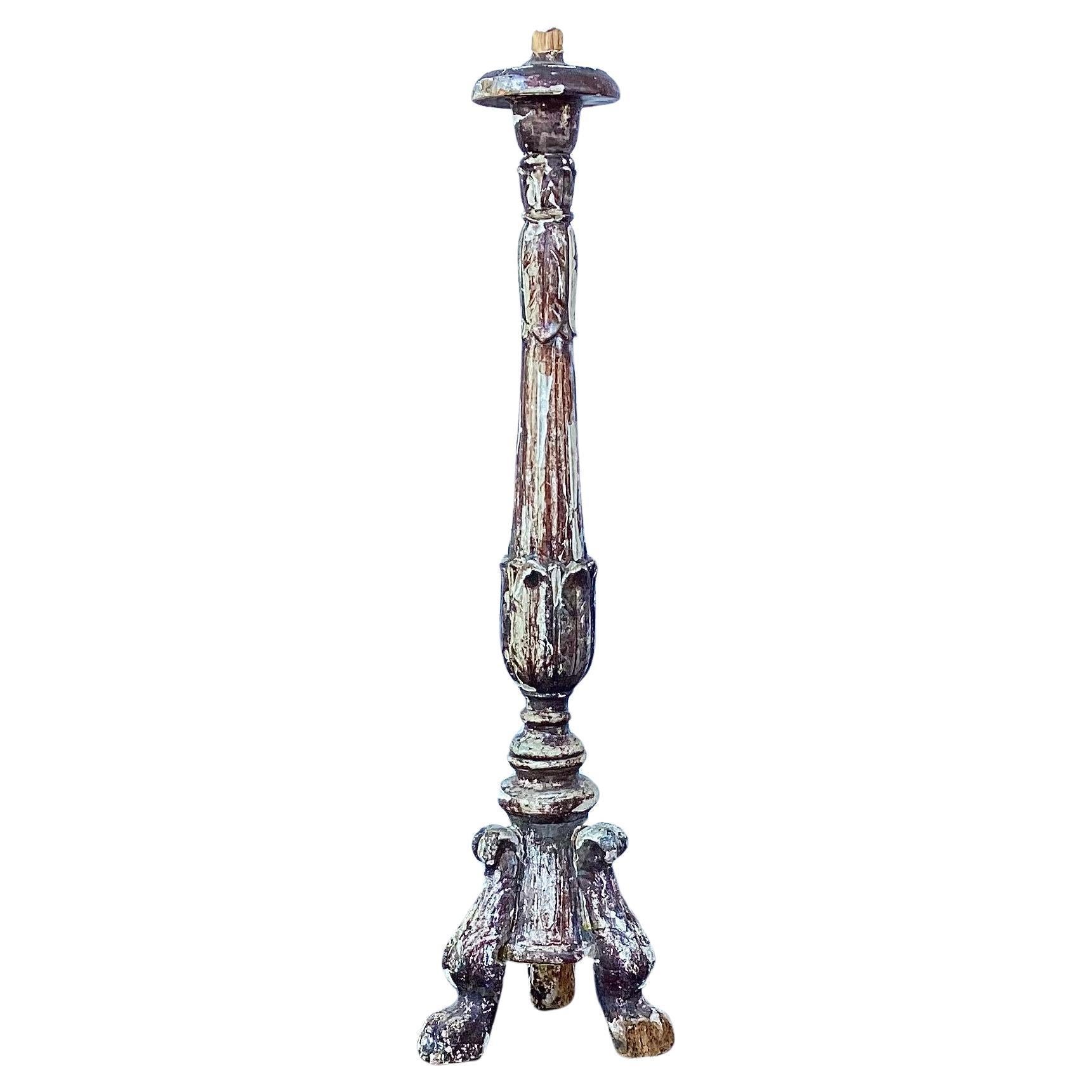 Painted Pair Of 18th Century Large Italian Carved Candlesticks For Sale