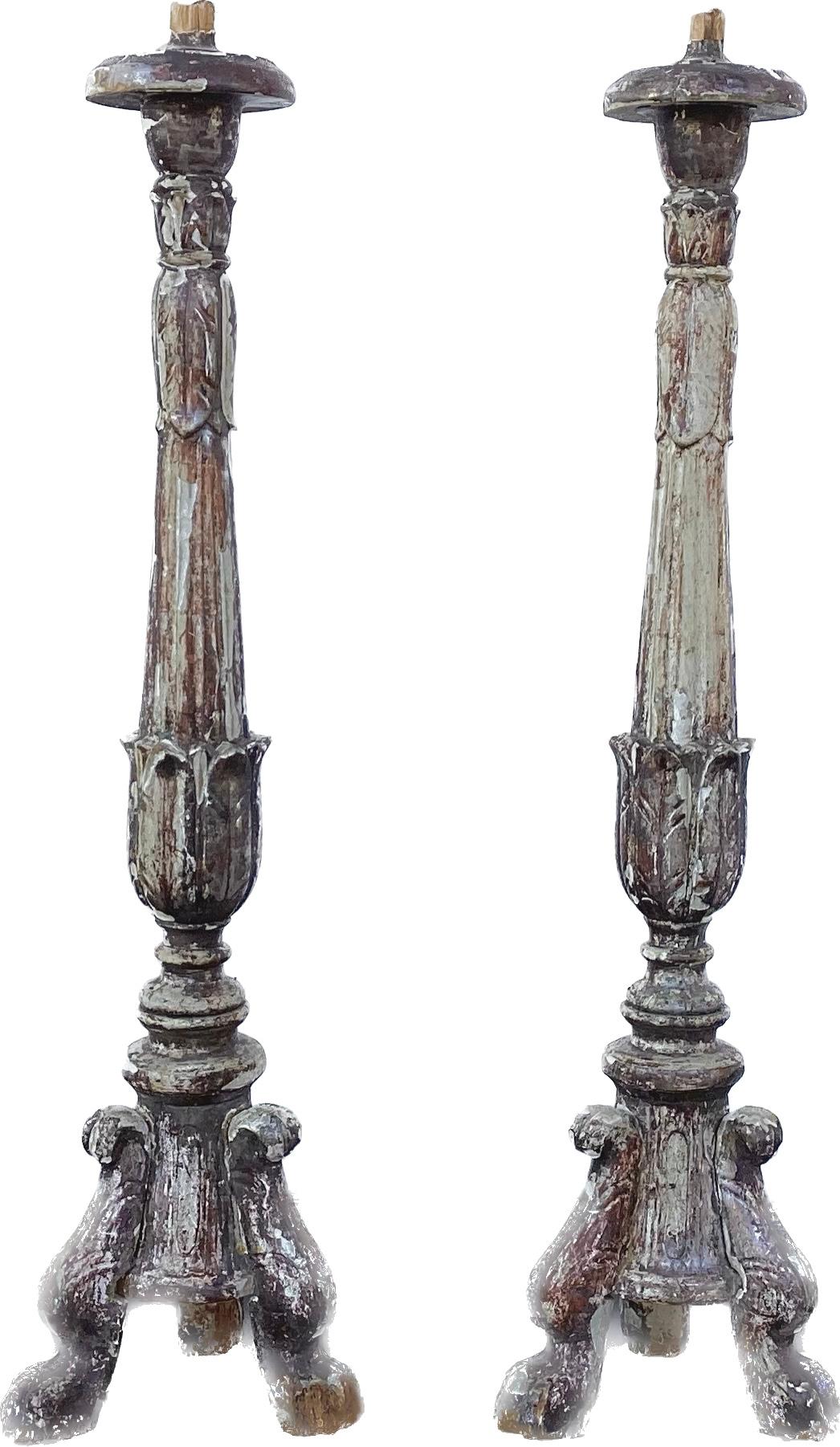 Pair Of 18th Century Large Italian Carved Candlesticks For Sale 2