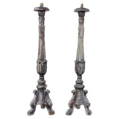 Antique Pair Of 18th Century Large Italian Carved Candlesticks