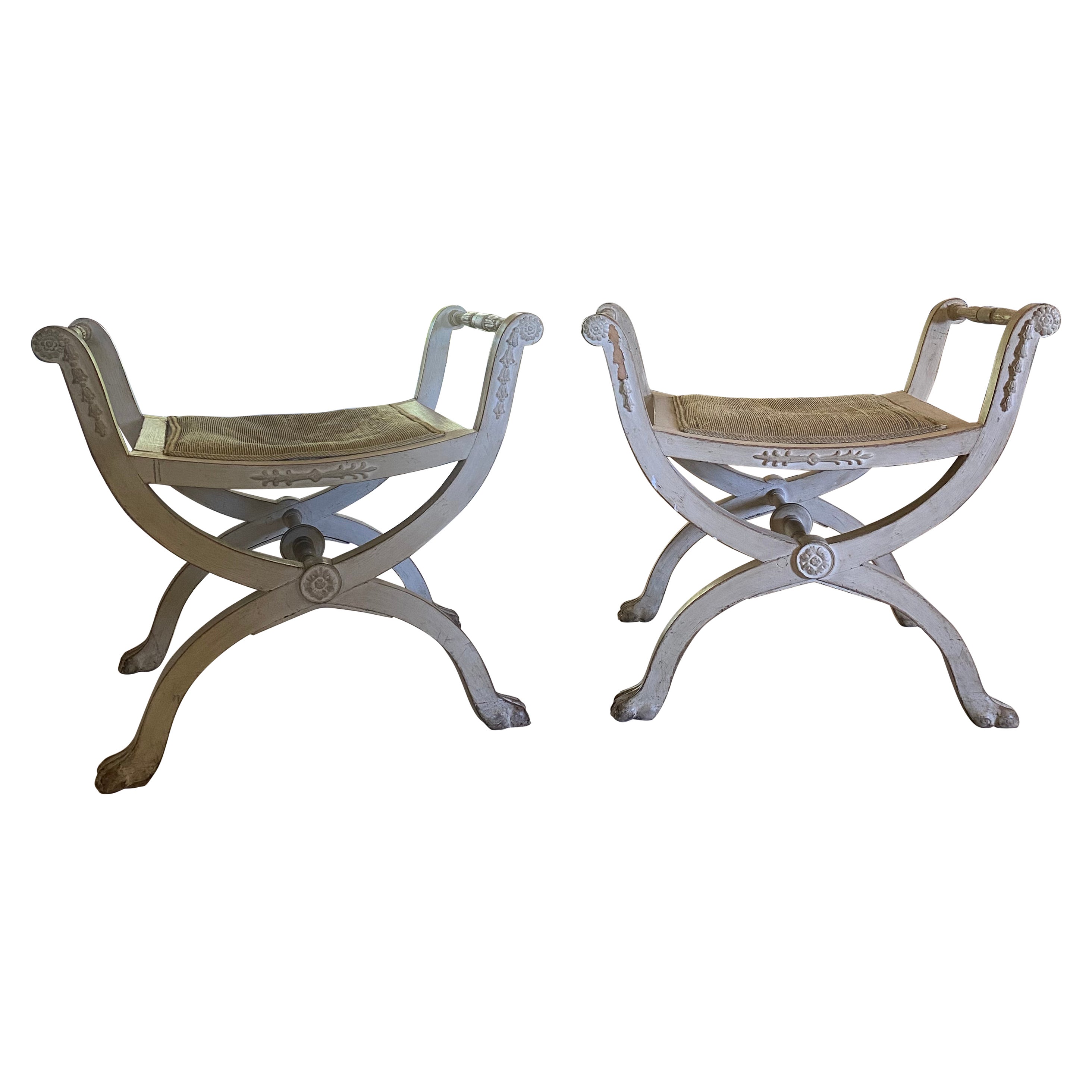 Silk Pair of 18th Century Late Gustavian Stools For Sale