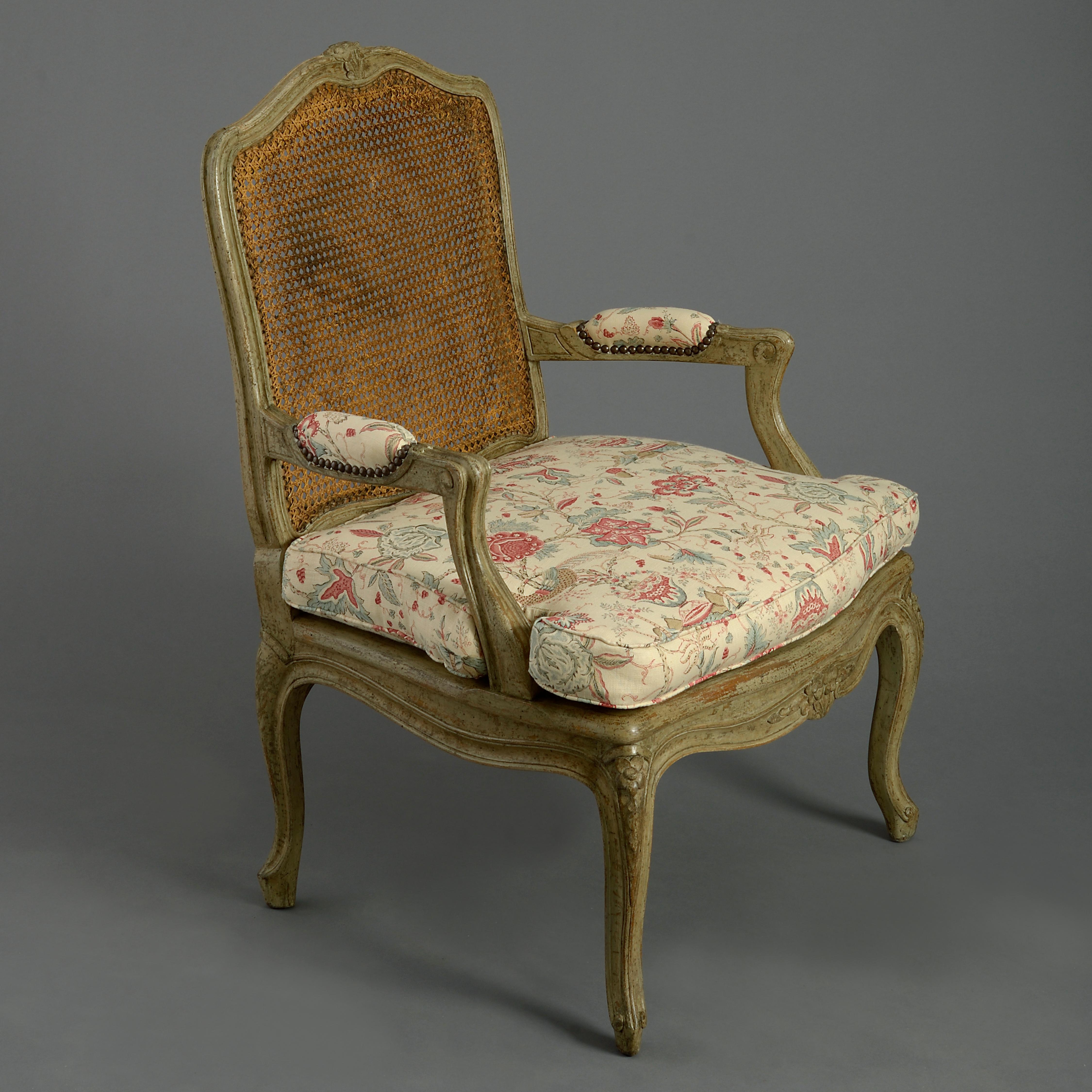 French Pair of 18th Century Louis XV Period Painted Rococo Armchairs