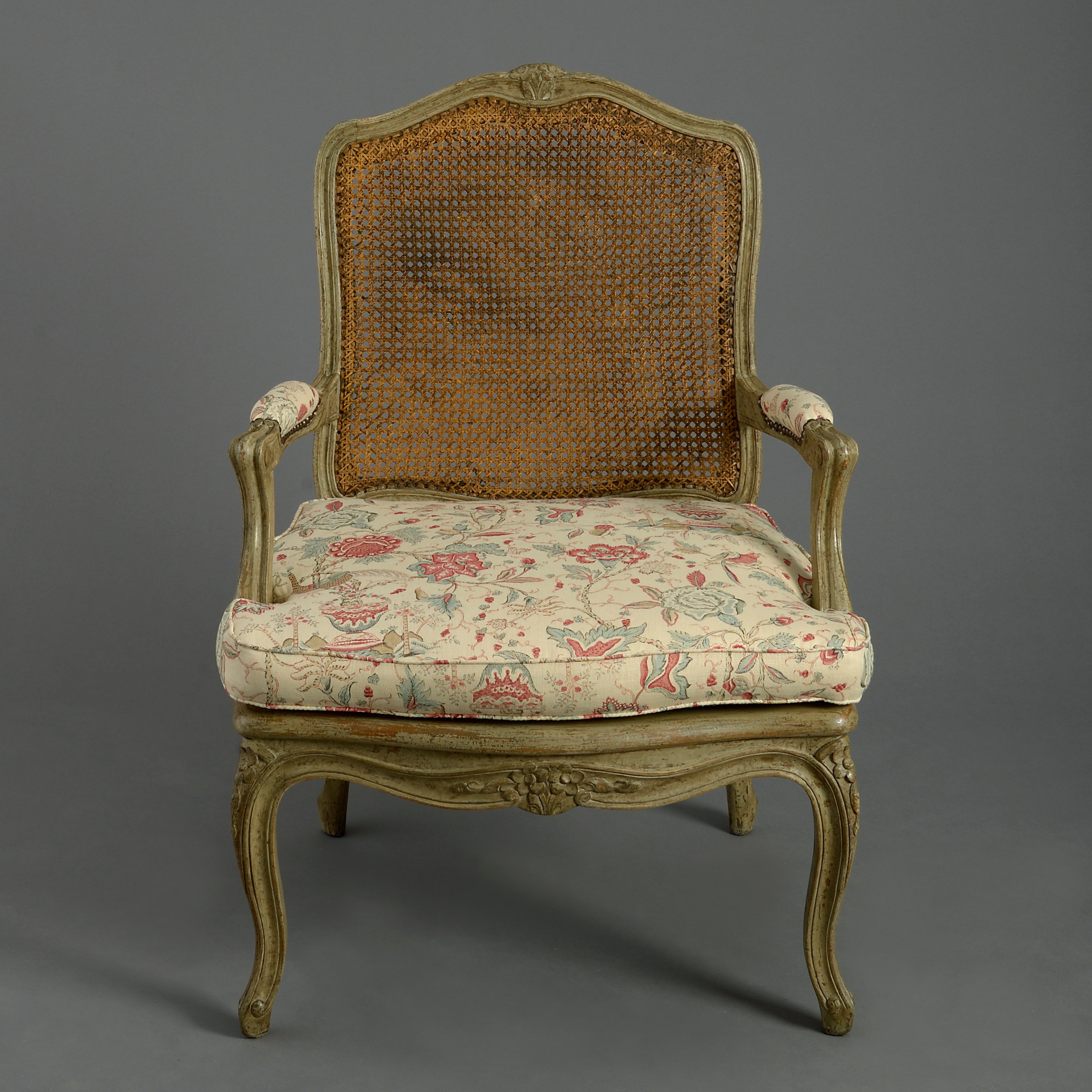 Hand-Carved Pair of 18th Century Louis XV Period Painted Rococo Armchairs