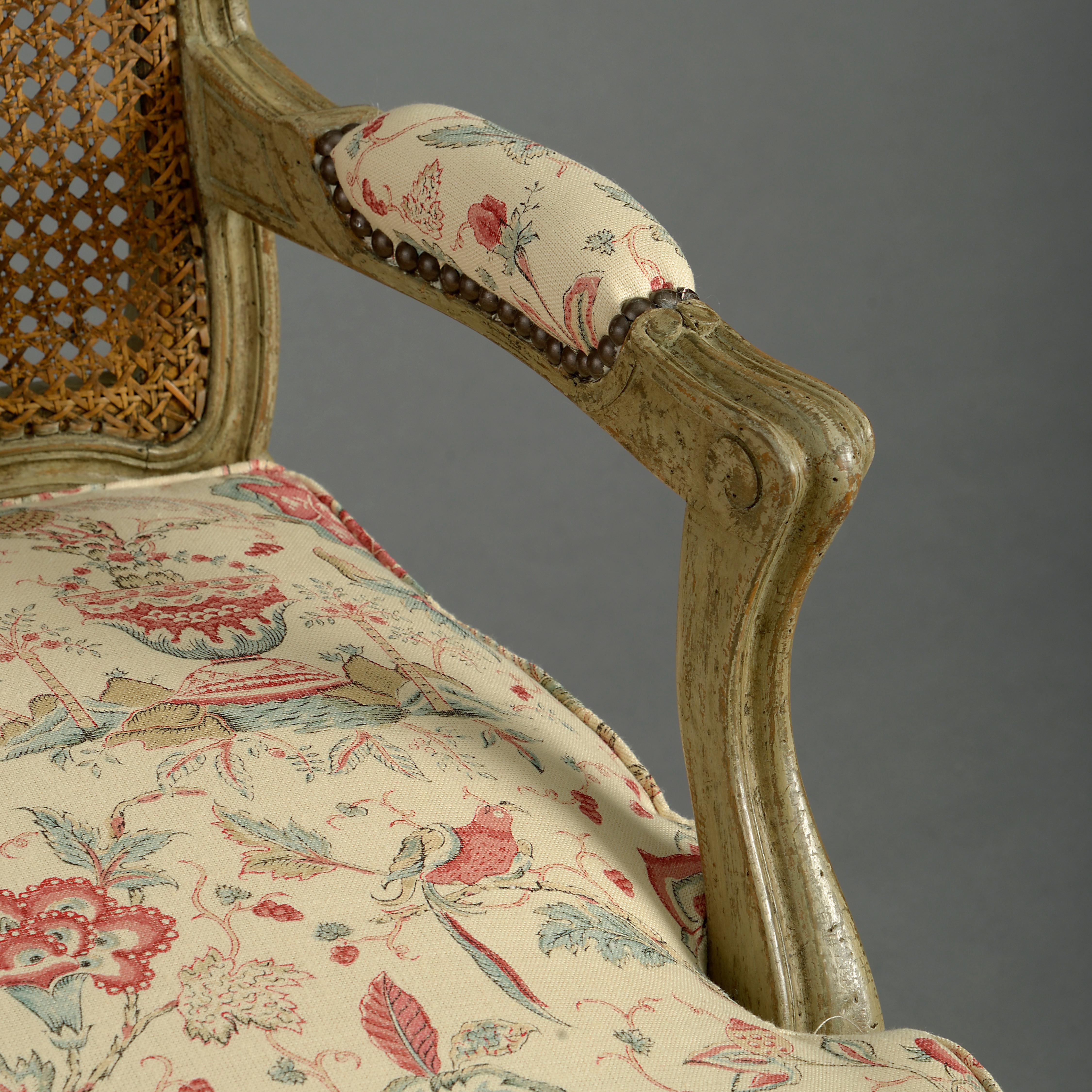 Beech Pair of 18th Century Louis XV Period Painted Rococo Armchairs