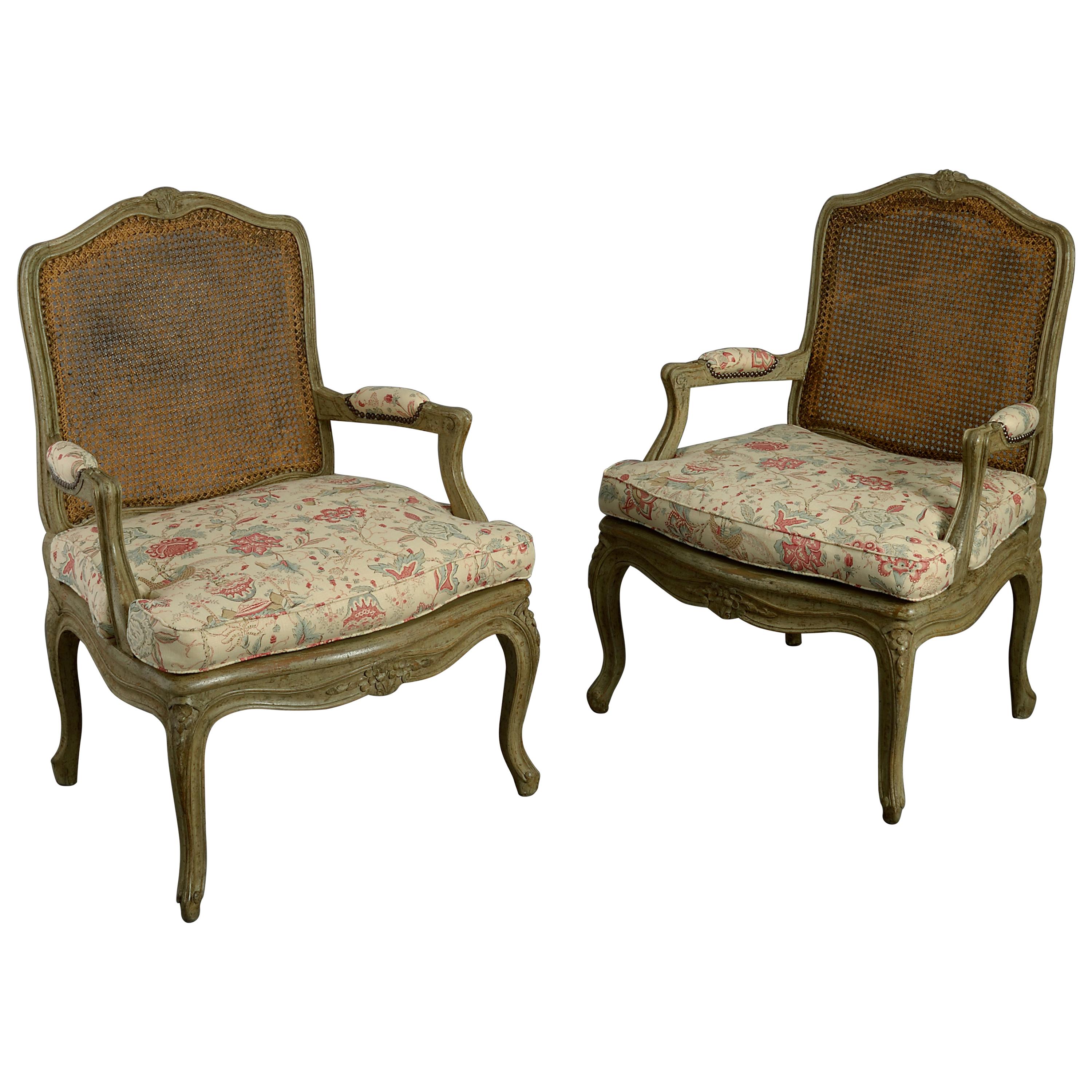 Pair of 18th Century Louis XV Period Painted Rococo Armchairs