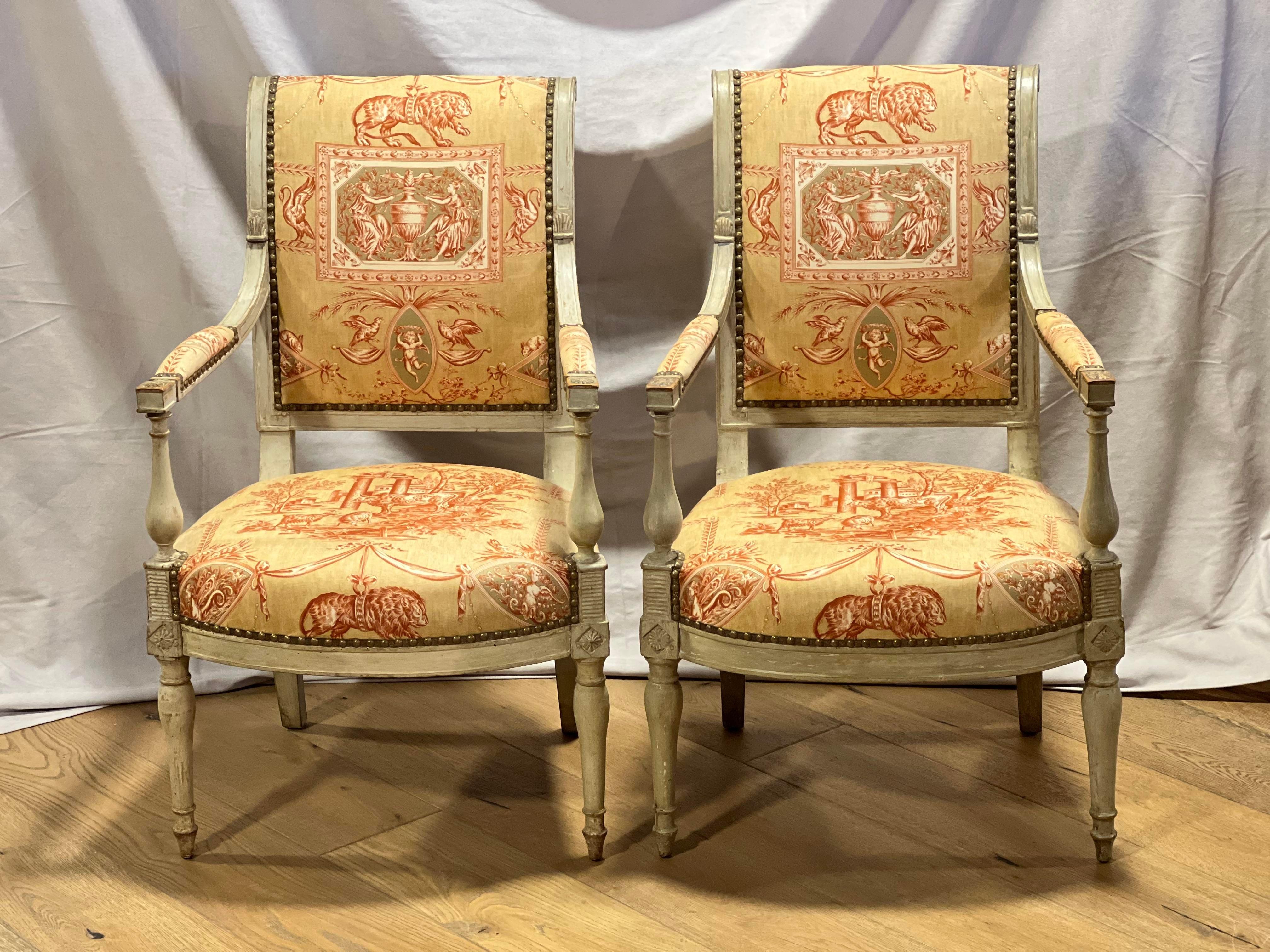 Pair of 18th Century Louis XVI Chairs.  Gorgeous upholstry and shape