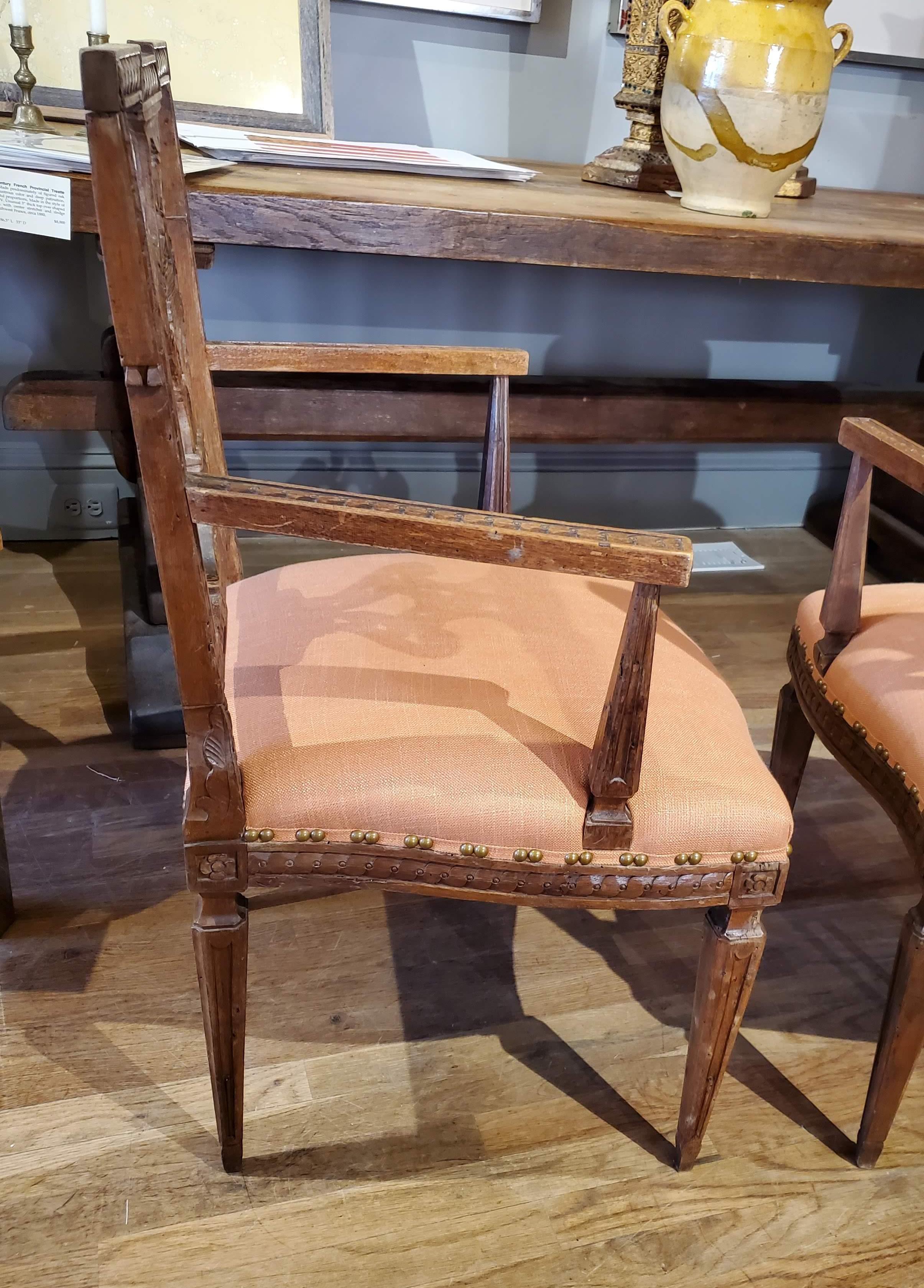 Brass Pair of Late 18th Century Louis XVI French Provincial Walnut Armchairs