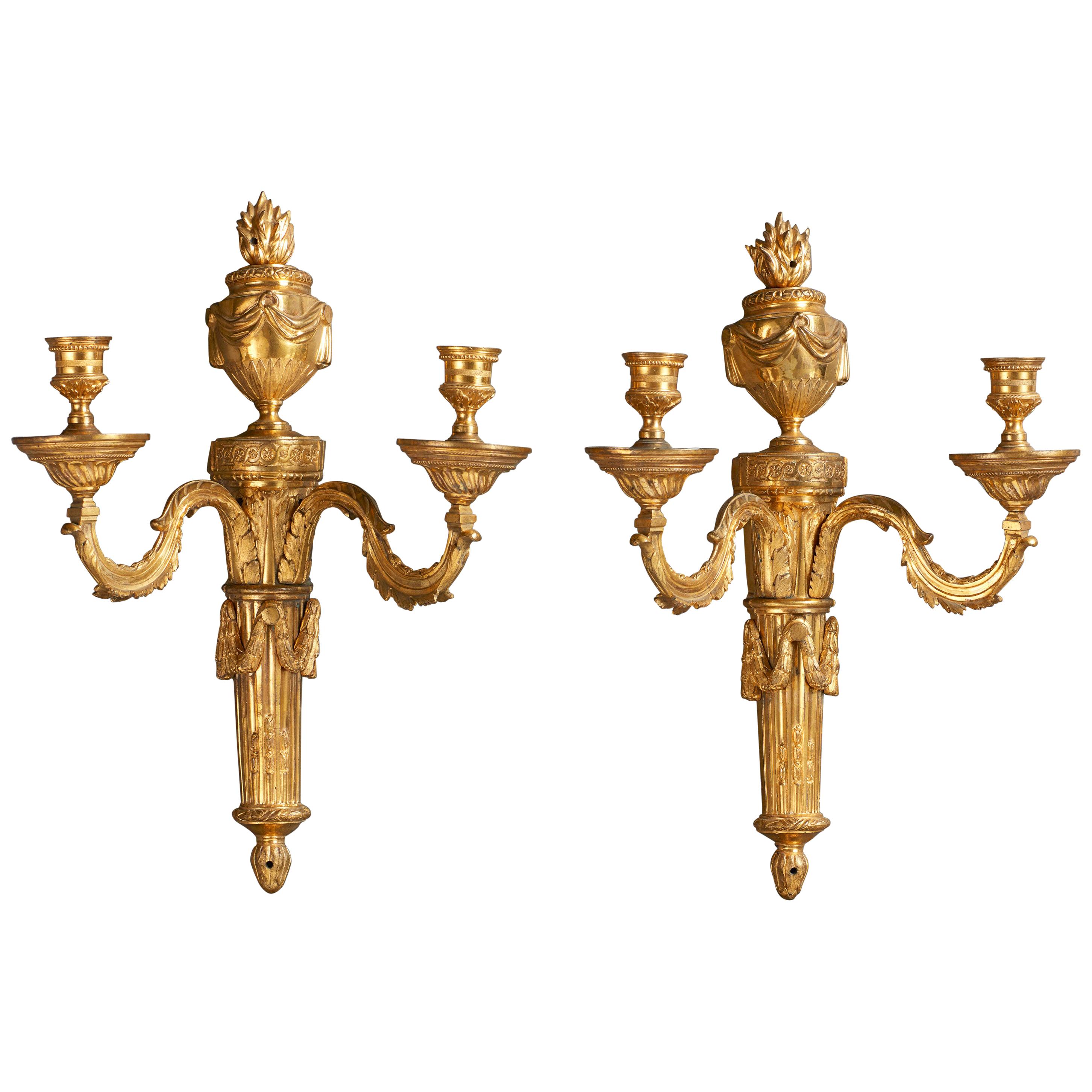 Pair of 18th Century Louis XVI Gilt Bronze Two-Branch Wall Lights Scones For Sale
