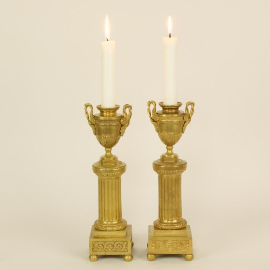 French Pair of 18th Century Louis XVI Neoclassical Gilt Bronze Cassolettes Candlesticks