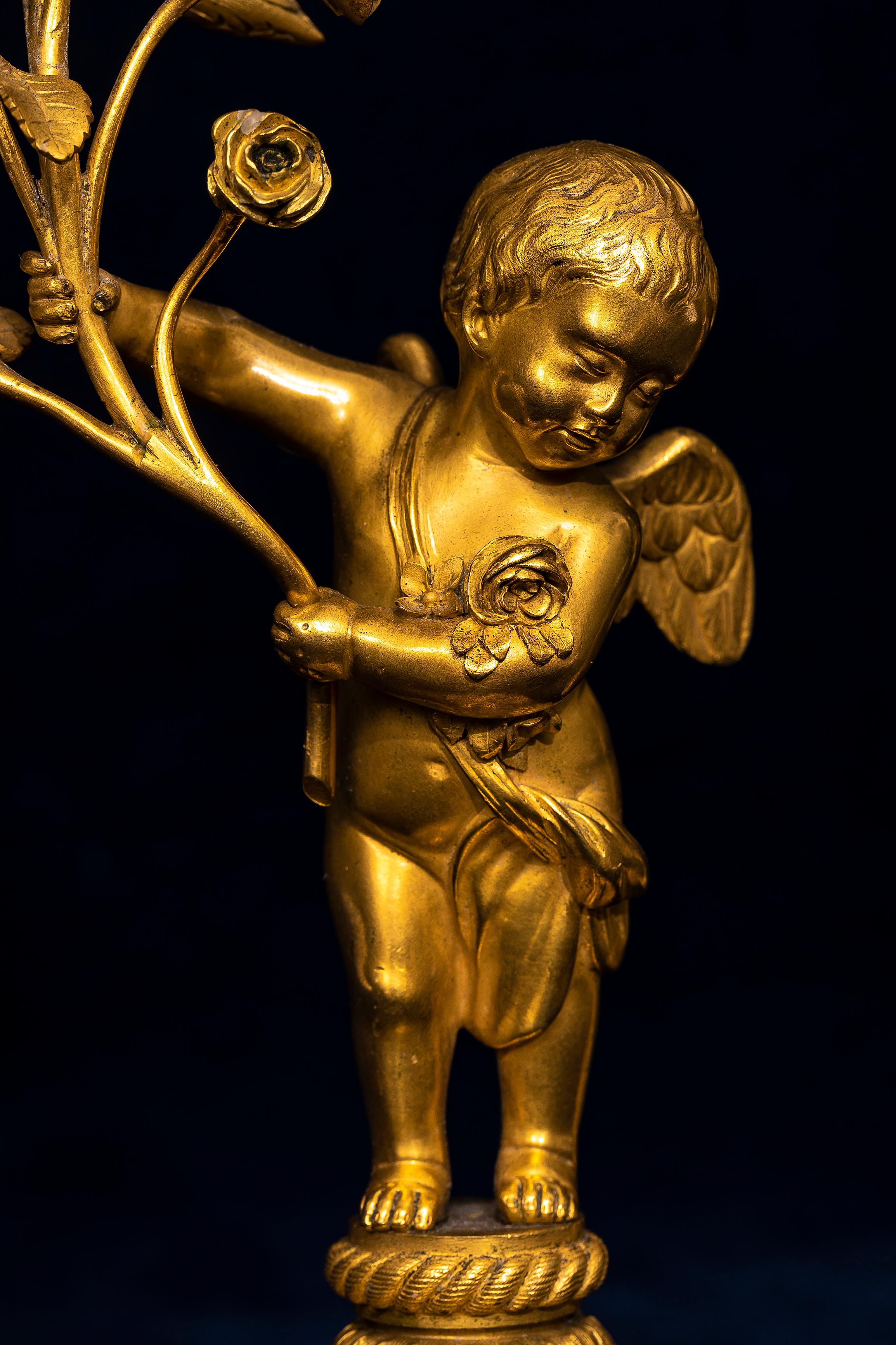 Pair of 18th Century Louis XVI Ormolu Cupid-Form Candlesticks with Ormolu Roses For Sale 4