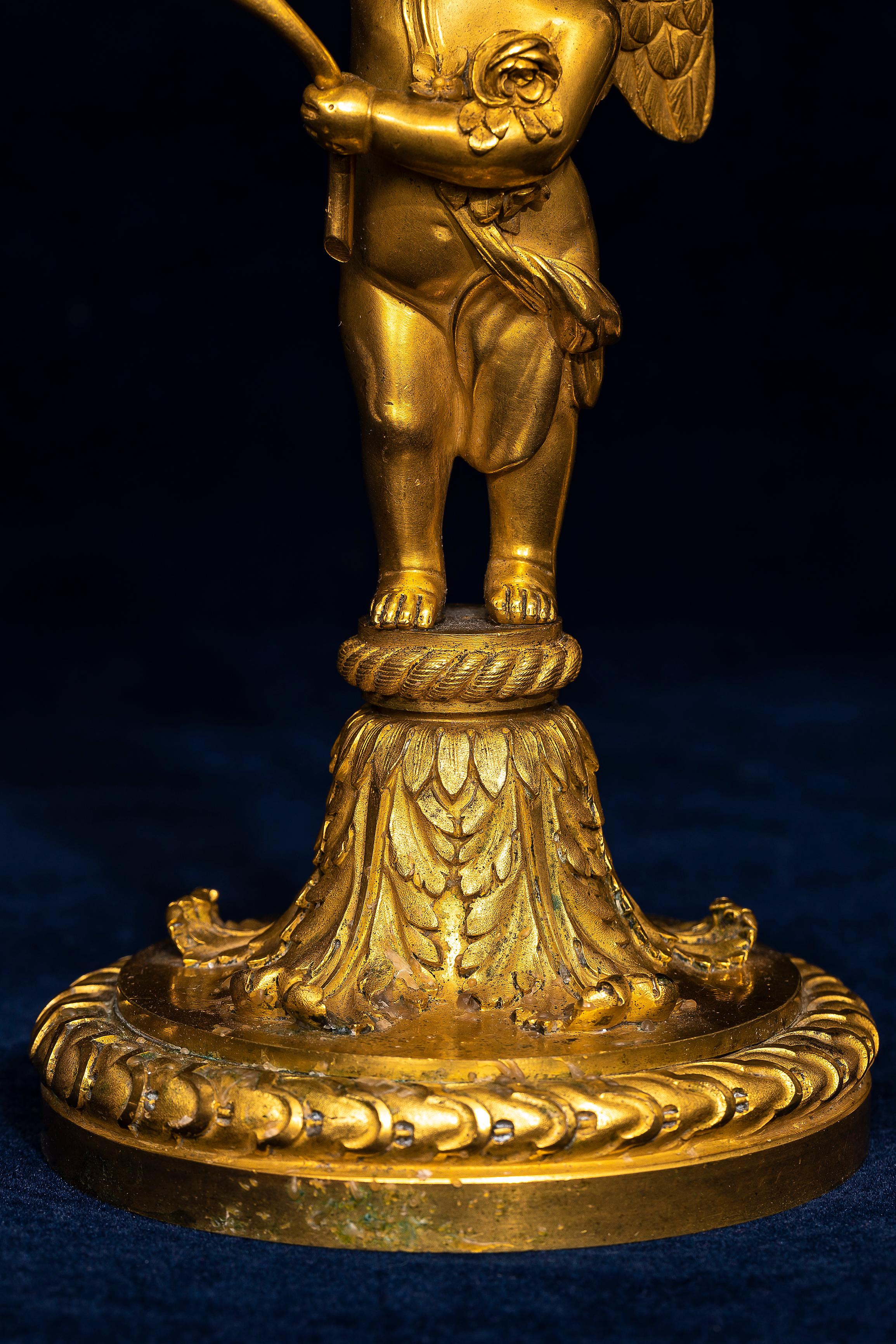 Pair of 18th Century Louis XVI Ormolu Cupid-Form Candlesticks with Ormolu Roses For Sale 6