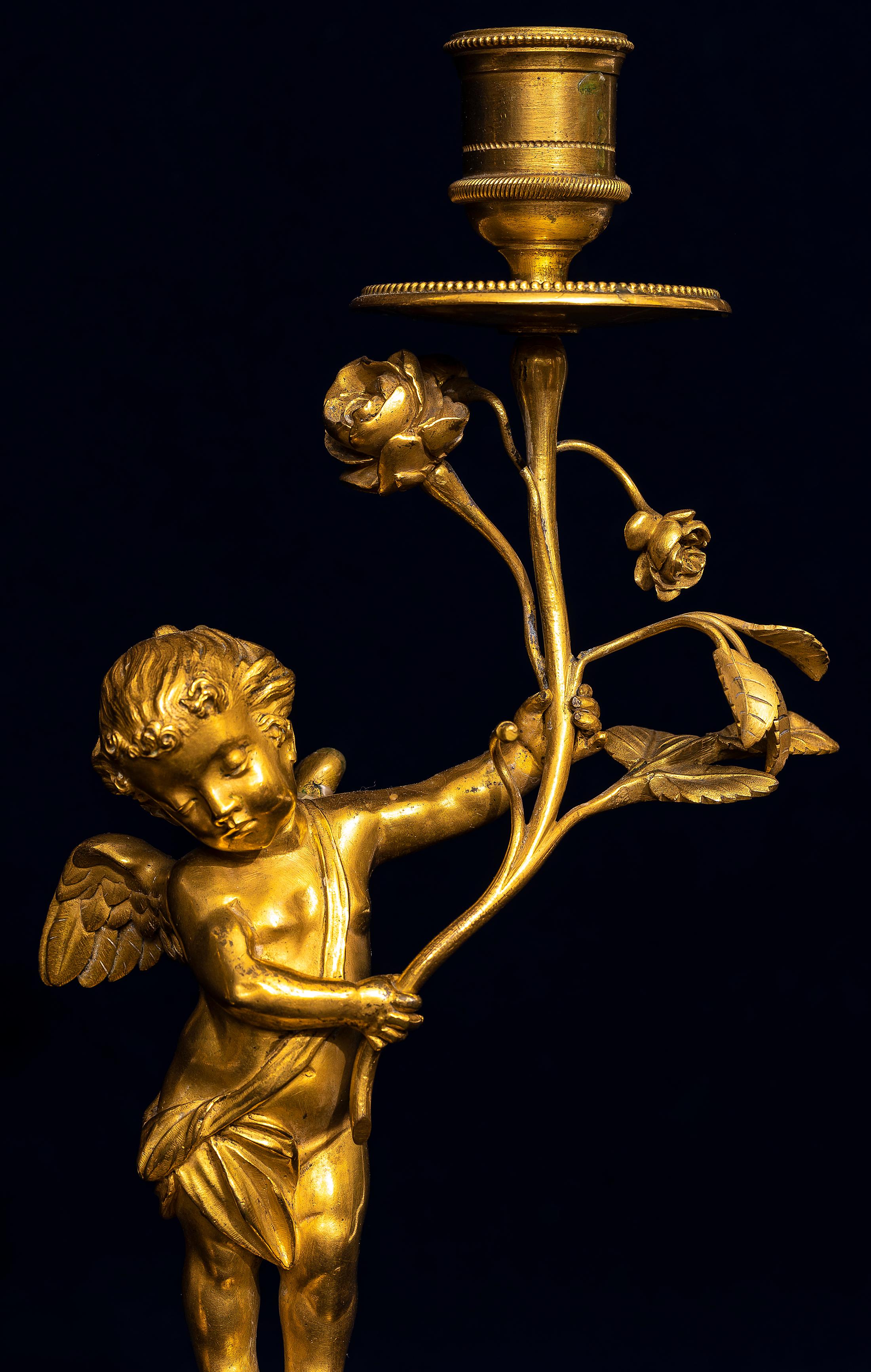 Pair of 18th Century Louis XVI Ormolu Cupid-Form Candlesticks with Ormolu Roses For Sale 7