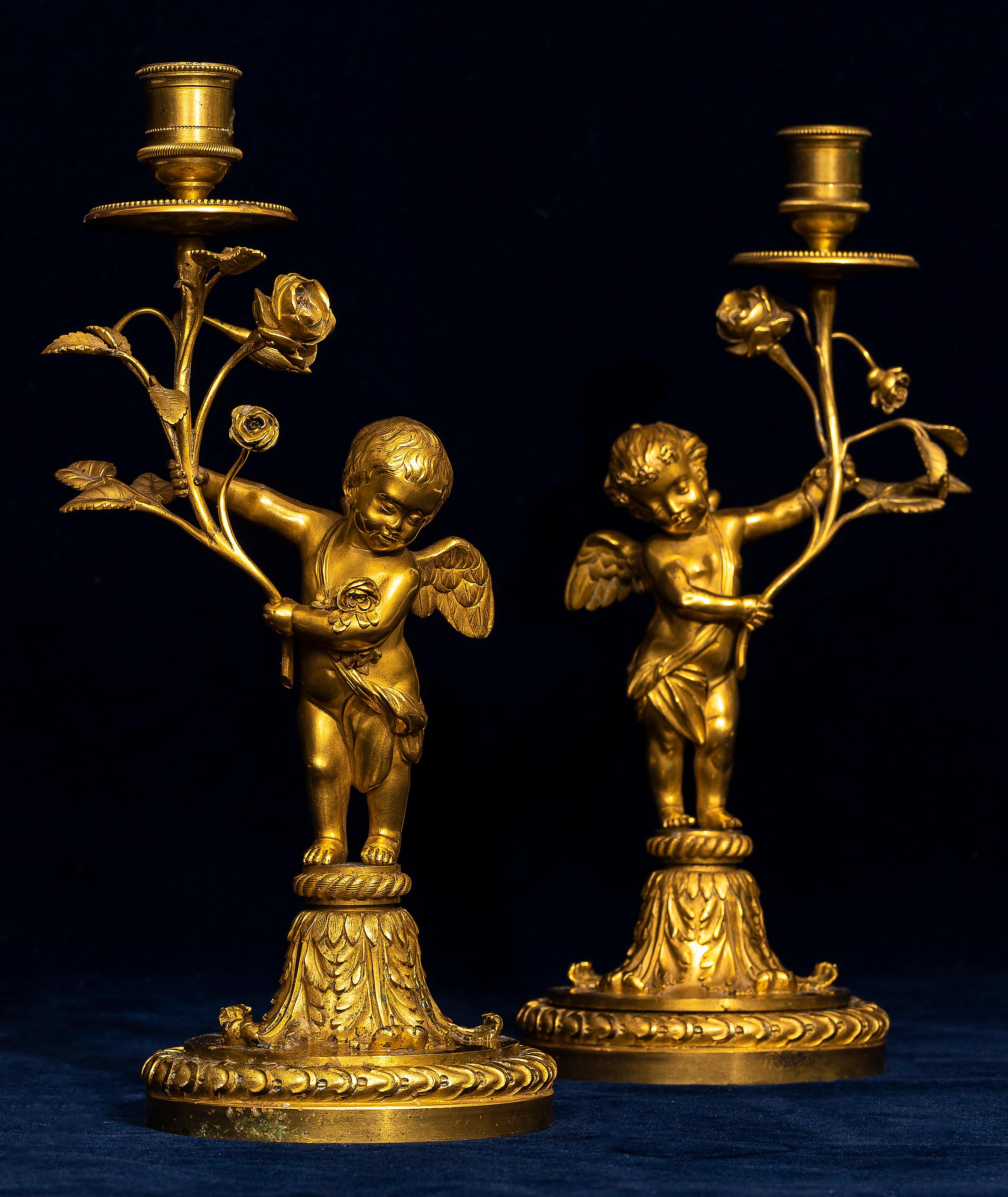French Pair of 18th Century Louis XVI Ormolu Cupid-Form Candlesticks with Ormolu Roses For Sale