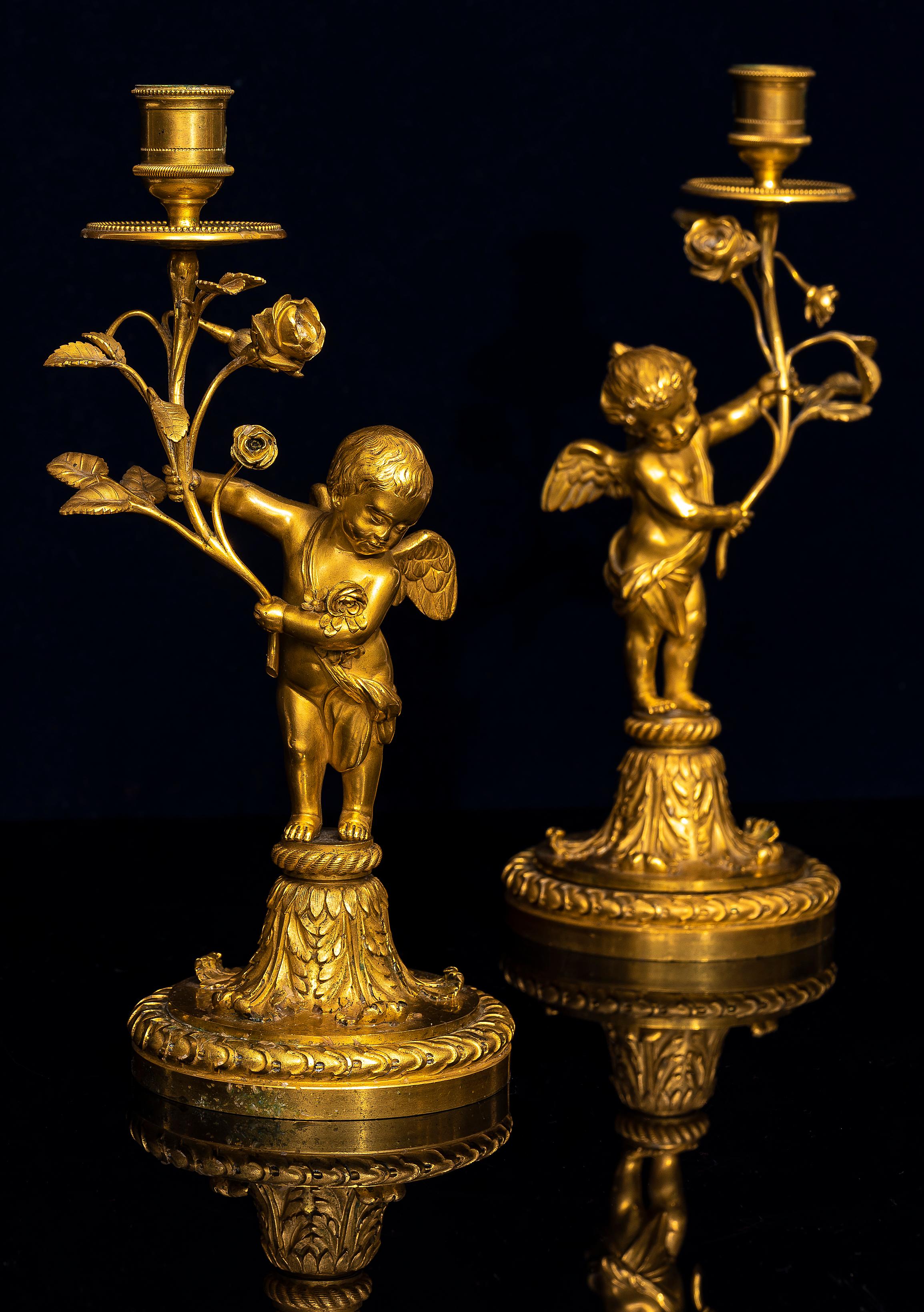Pair of 18th Century Louis XVI Ormolu Cupid-Form Candlesticks with Ormolu Roses In Good Condition For Sale In New York, NY